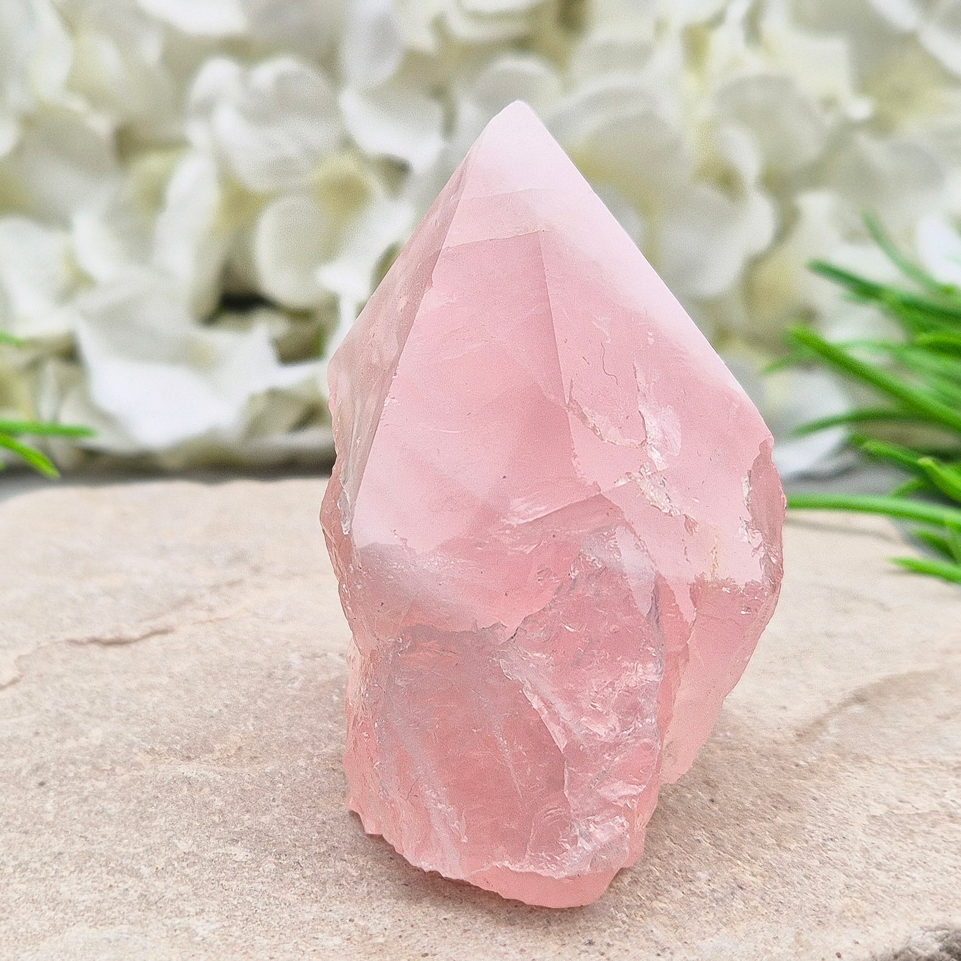 Rose Quartz standing point from Brazil. Promotes self-love, calm, and emotional healing. Perfect for display, meditation, or heart chakra work. 