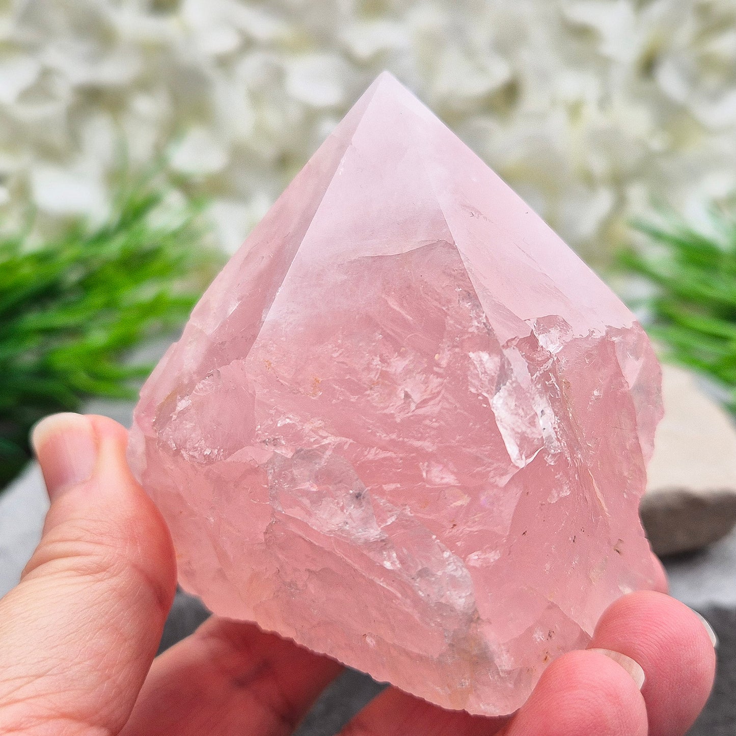 Rose Quartz standing point from Brazil. Promotes self-love, calm, and emotional healing. Perfect for display, meditation, or heart chakra work. 