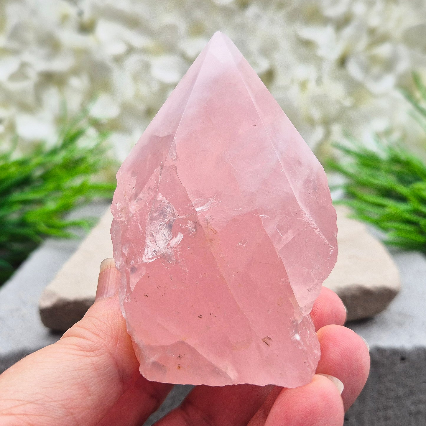 Rose Quartz standing point from Brazil. Promotes self-love, calm, and emotional healing. Perfect for display, meditation, or heart chakra work. 
