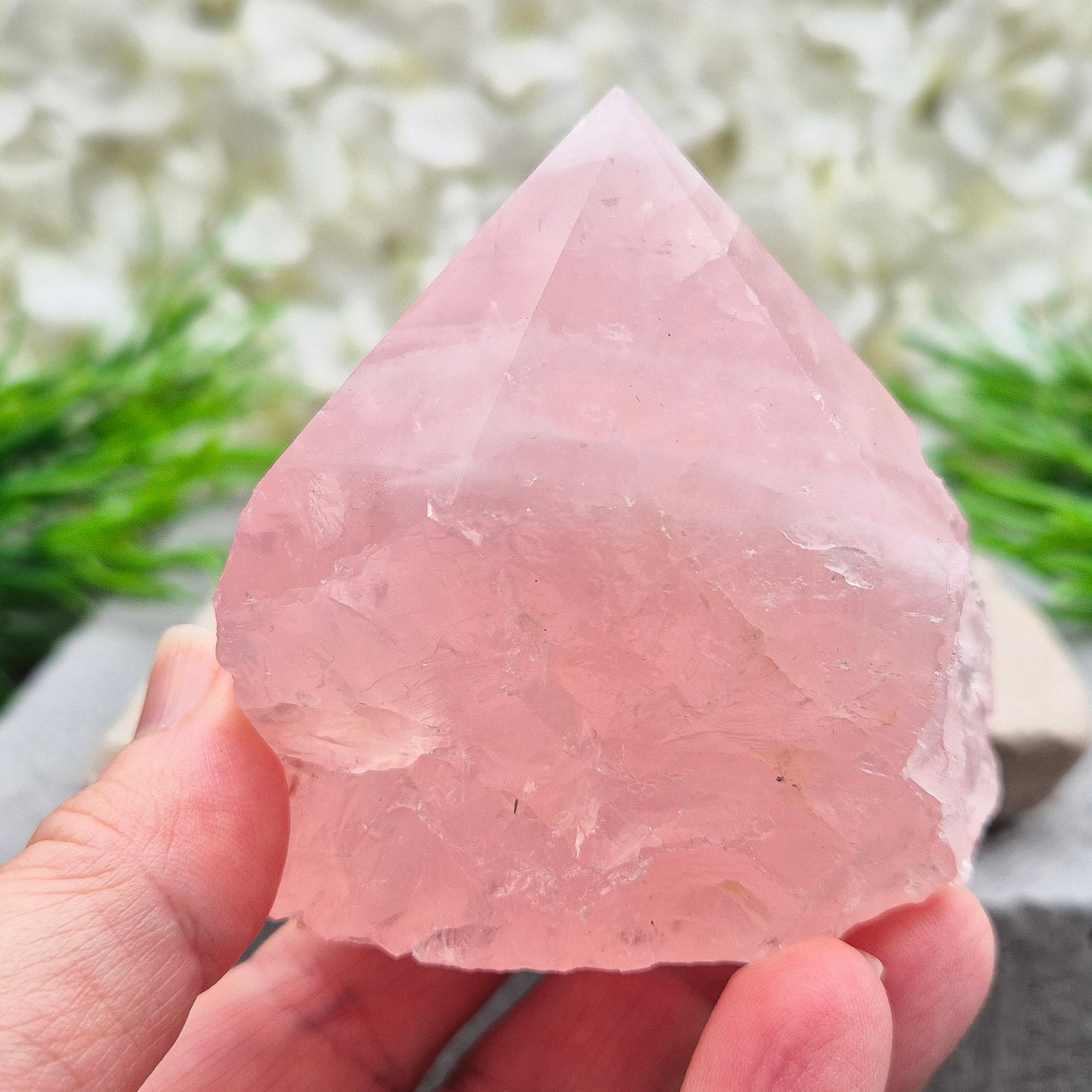 Rose Quartz standing point from Brazil. Promotes self-love, calm, and emotional healing. Perfect for display, meditation, or heart chakra work. 