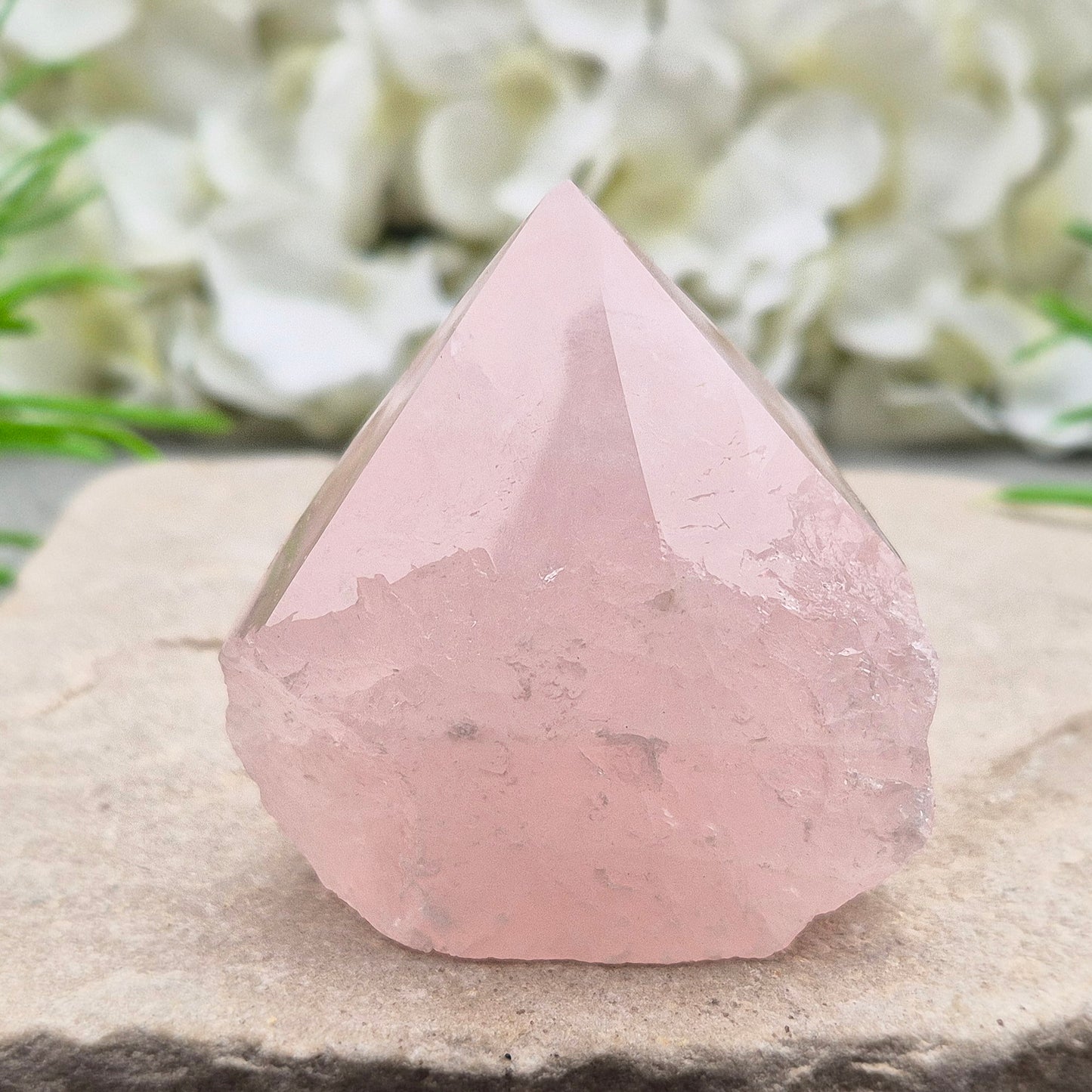 Lovely Rose Quartz standing point from Brazil. Promotes self-love, calm, and emotional healing. Perfect for display, meditation, or heart chakra work. 