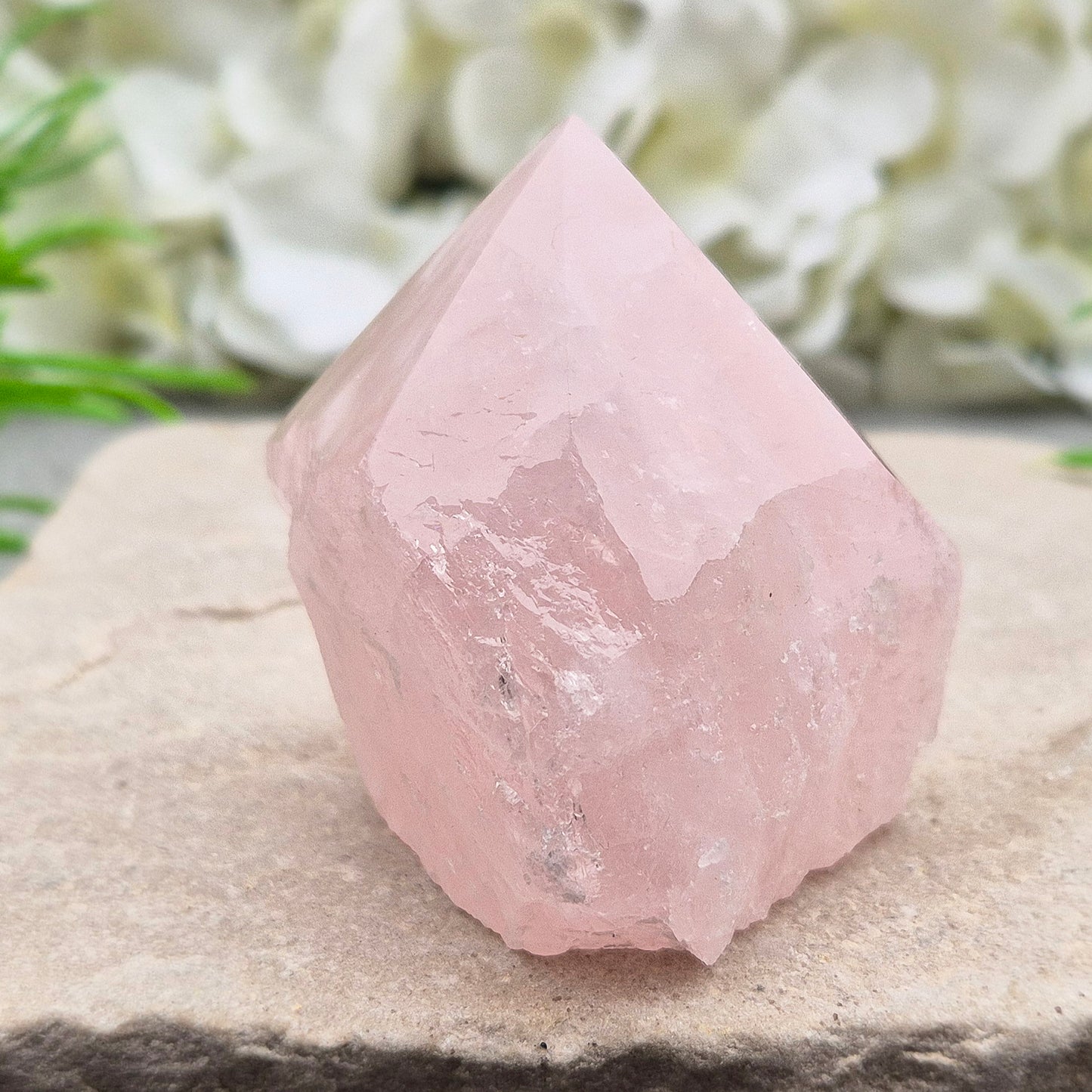 Lovely Rose Quartz standing point from Brazil. Promotes self-love, calm, and emotional healing. Perfect for display, meditation, or heart chakra work. 