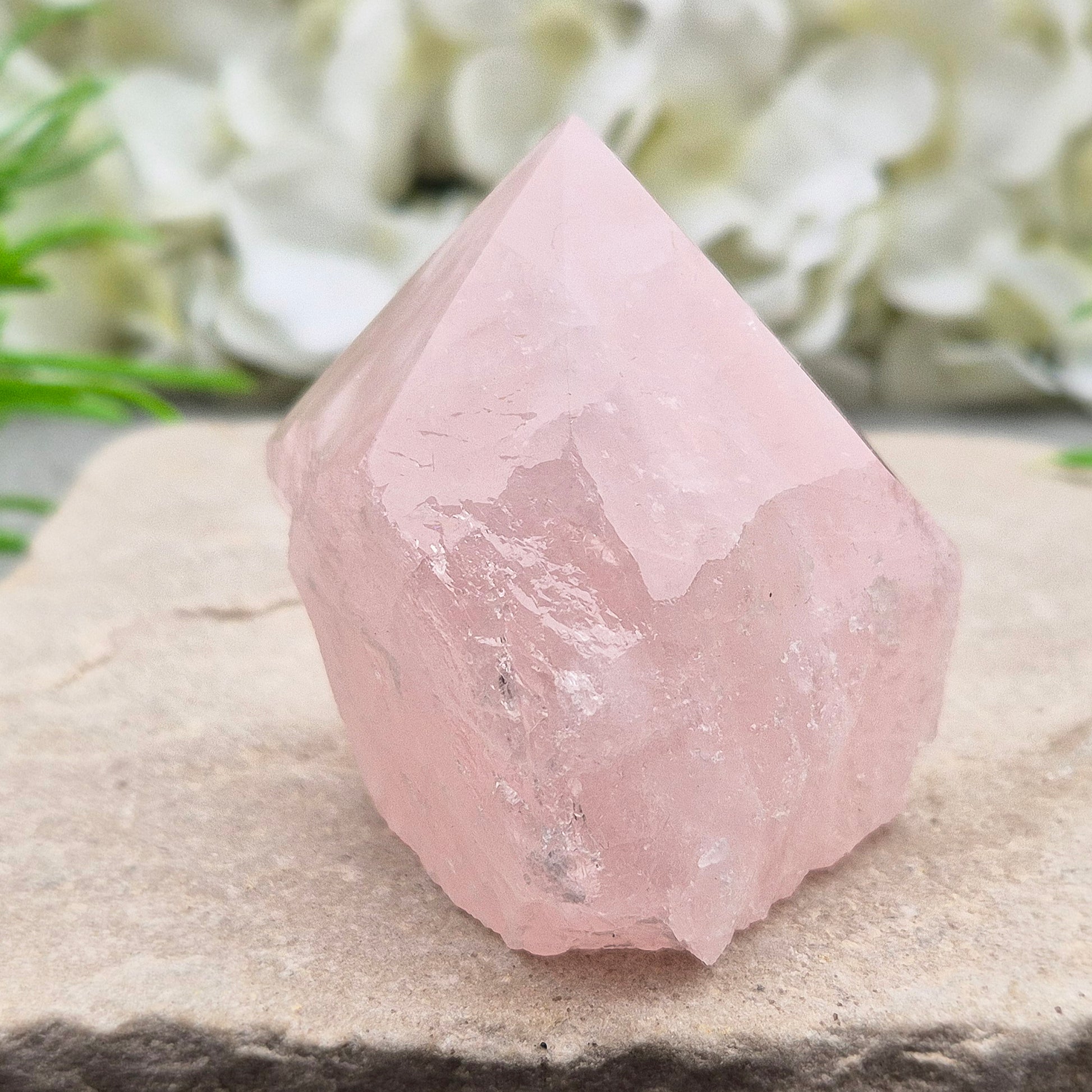 Lovely Rose Quartz standing point from Brazil. Promotes self-love, calm, and emotional healing. Perfect for display, meditation, or heart chakra work. 