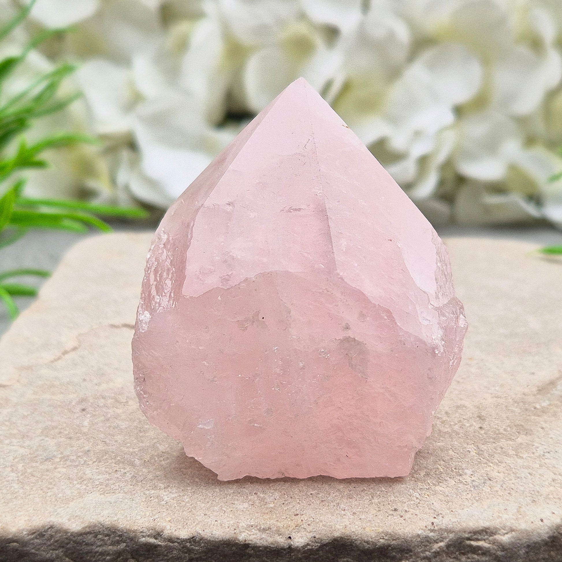 Lovely Rose Quartz standing point from Brazil. Promotes self-love, calm, and emotional healing. Perfect for display, meditation, or heart chakra work. 