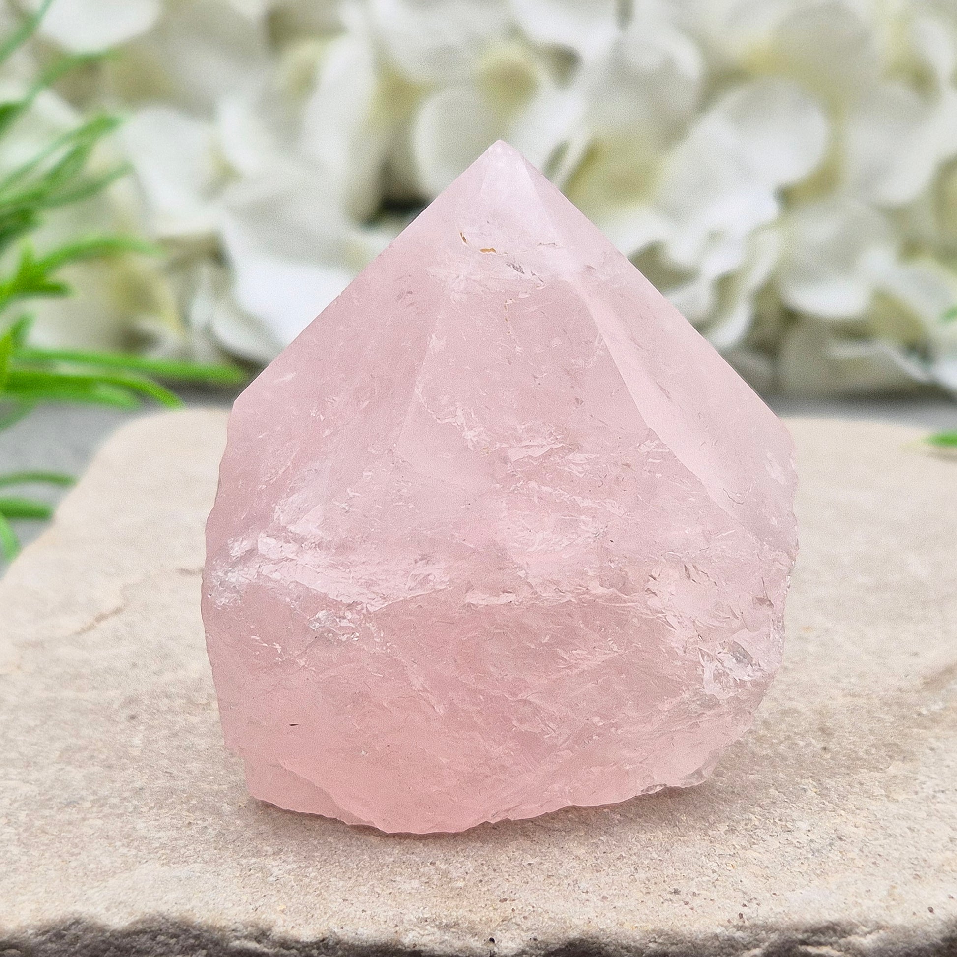 Lovely Rose Quartz standing point from Brazil. Promotes self-love, calm, and emotional healing. Perfect for display, meditation, or heart chakra work. 