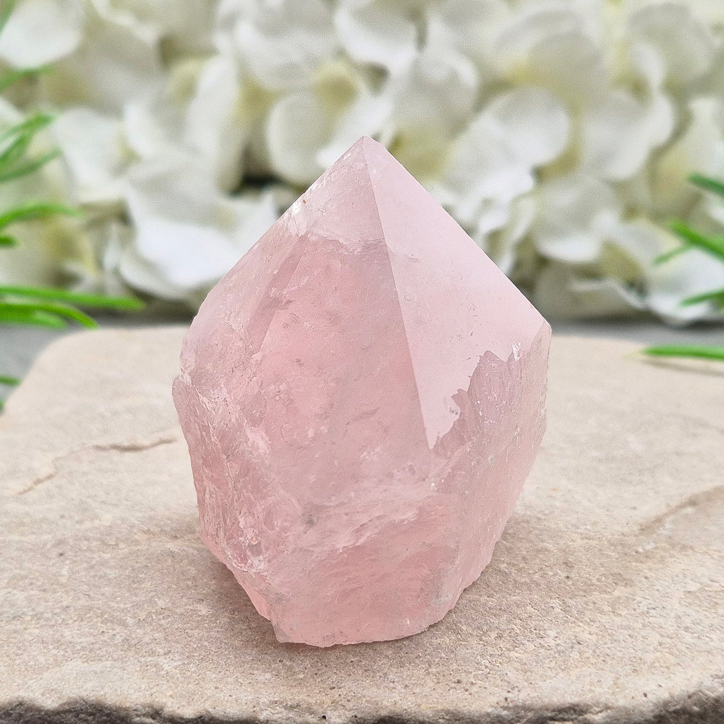 Lovely Rose Quartz standing point from Brazil. Promotes self-love, calm, and emotional healing. Perfect for display, meditation, or heart chakra work. 