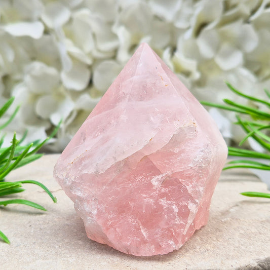 Rose Quartz Crystal Standing Point, Natural Sides, Polished Tip