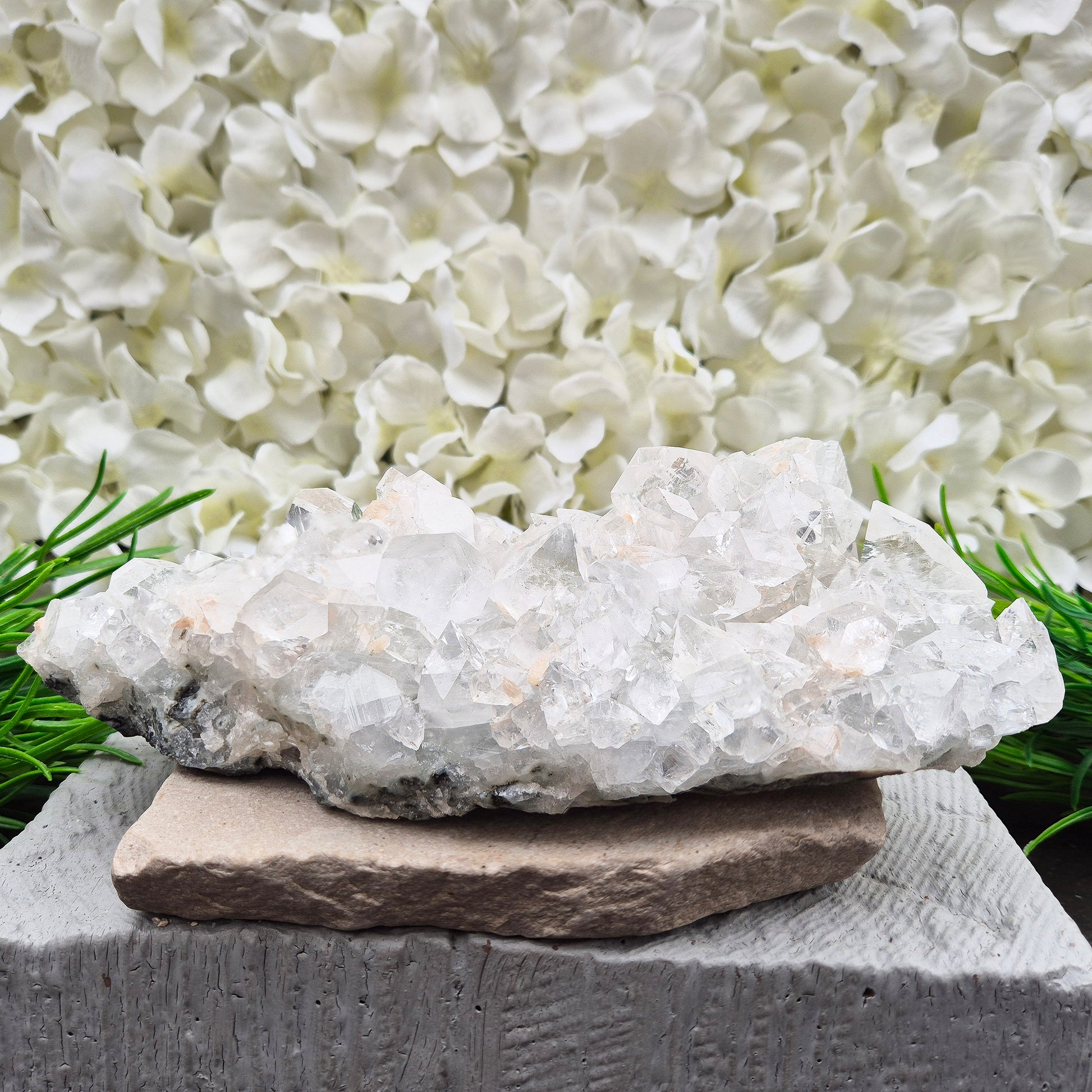 Natural Apophyllite crystal cluster from India, known for its calm, uplifting presence. A beautiful display piece often chosen for reflection and spiritual spaces.