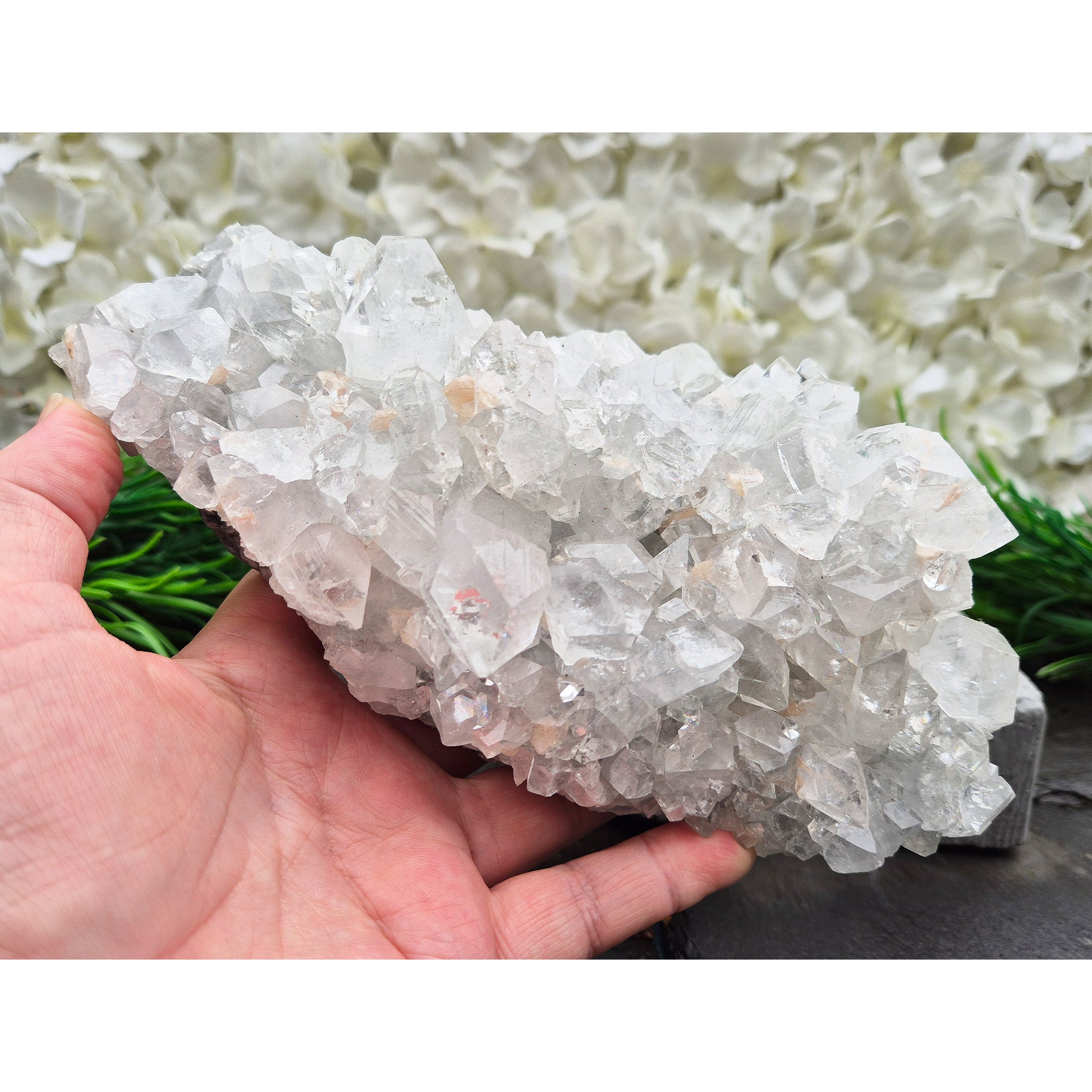 Natural Apophyllite crystal cluster from India, known for its calm, uplifting presence. A beautiful display piece often chosen for reflection and spiritual spaces.