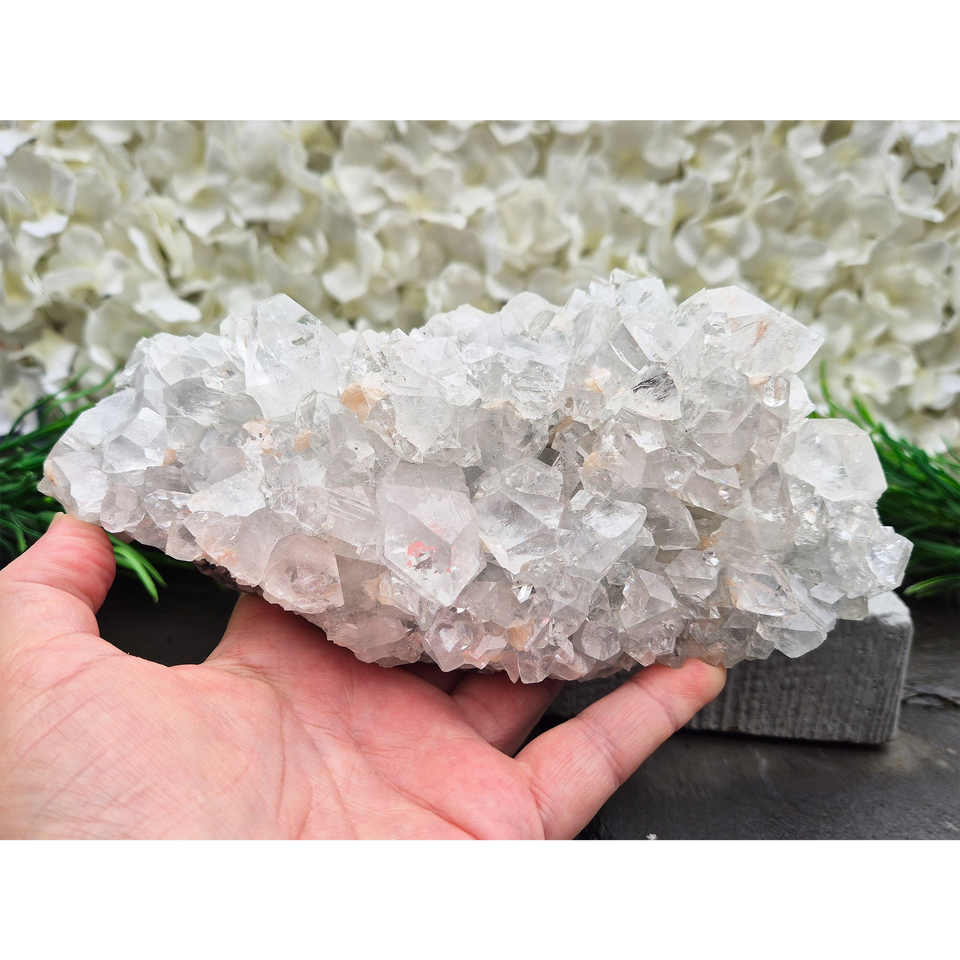 Natural Apophyllite crystal cluster from India, known for its calm, uplifting presence. A beautiful display piece often chosen for reflection and spiritual spaces.