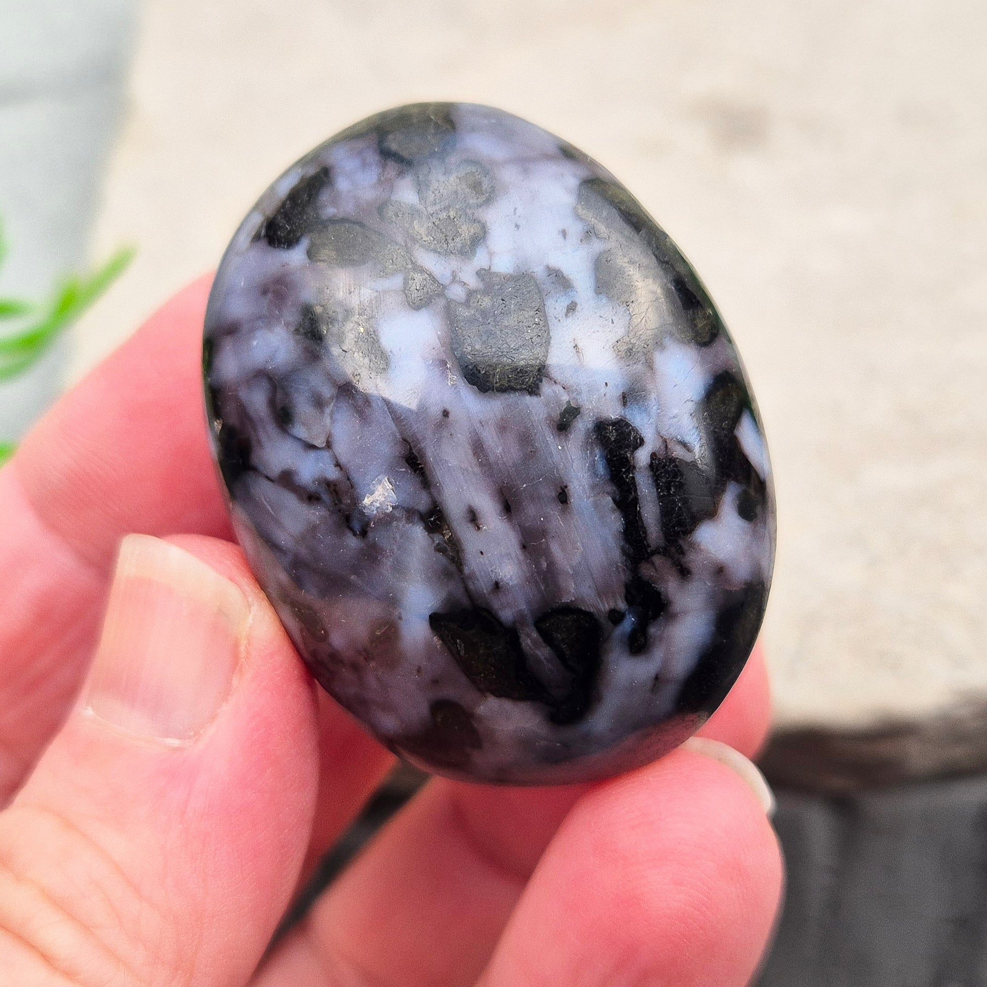 Mystic Merlinite (indigo gabbro) palm stone for energy work, intuition & emotional healing. Ideal for meditation, grounding & spiritual growth.