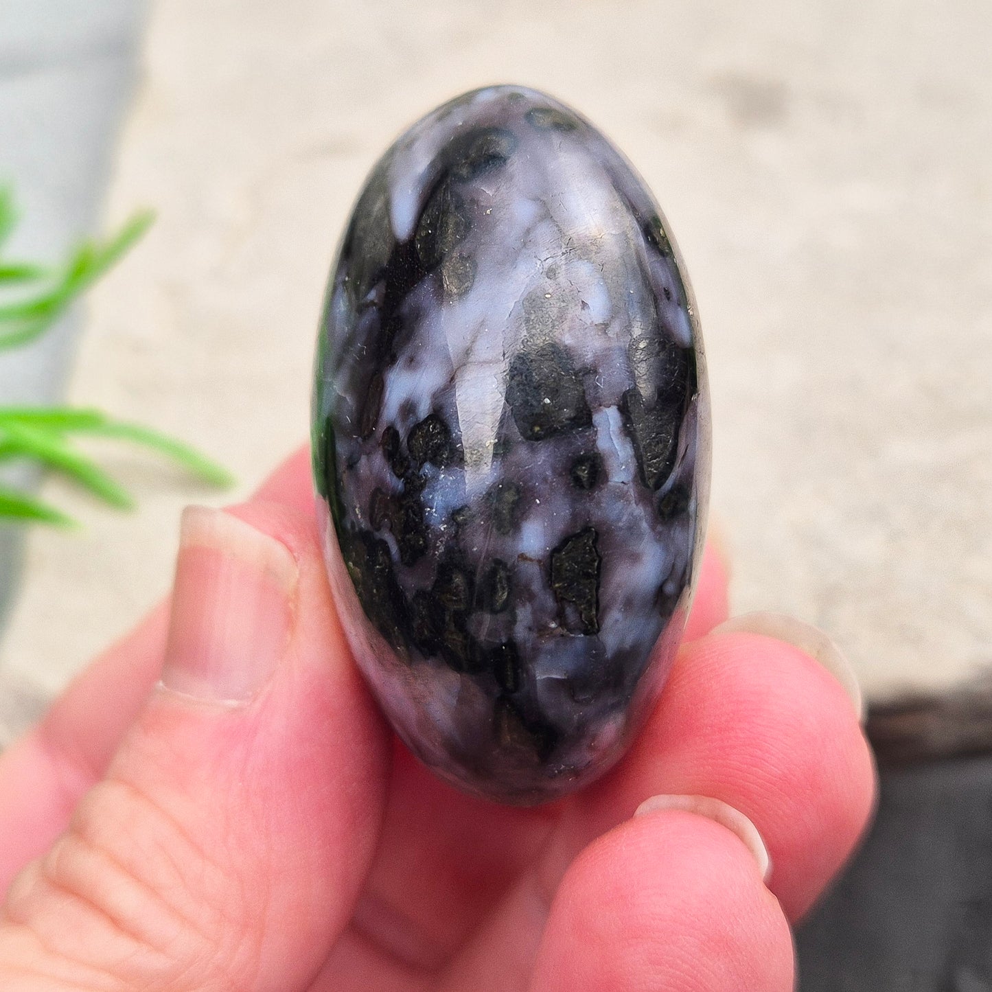 Mystic Merlinite (indigo gabbro) palm stone for energy work, intuition & emotional healing. Ideal for meditation, grounding & spiritual growth.