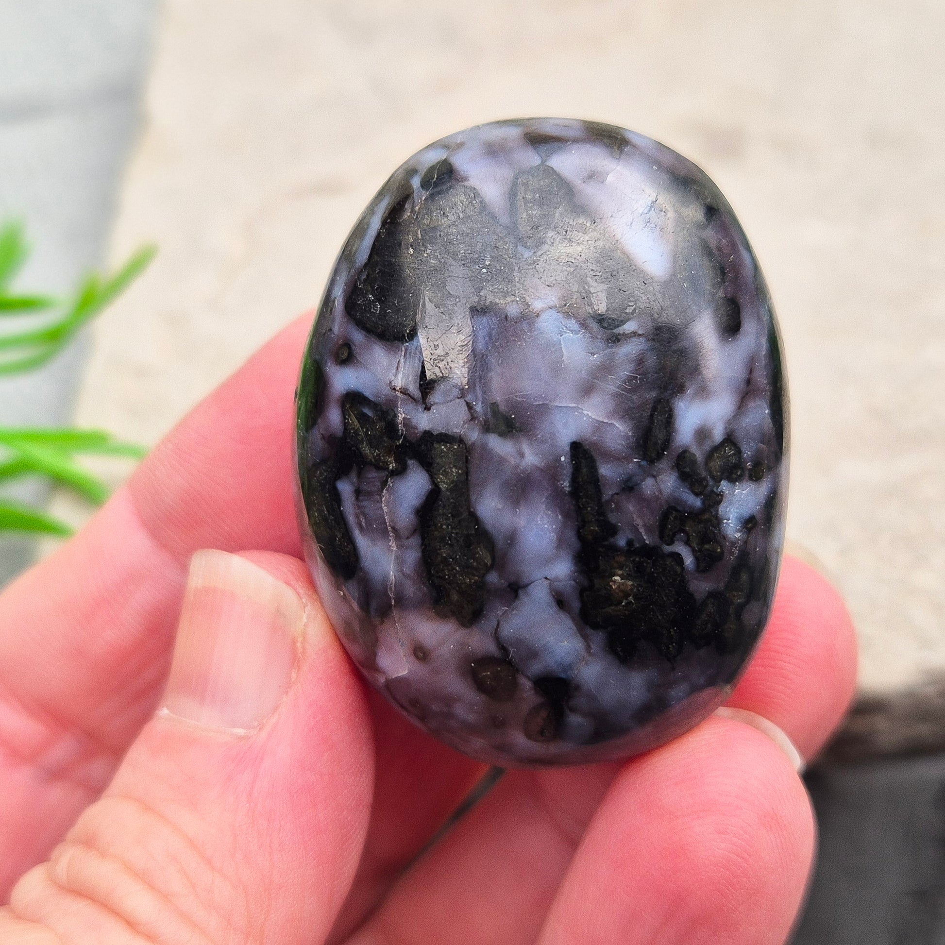 Mystic Merlinite (indigo gabbro) palm stone for energy work, intuition & emotional healing. Ideal for meditation, grounding & spiritual growth.
