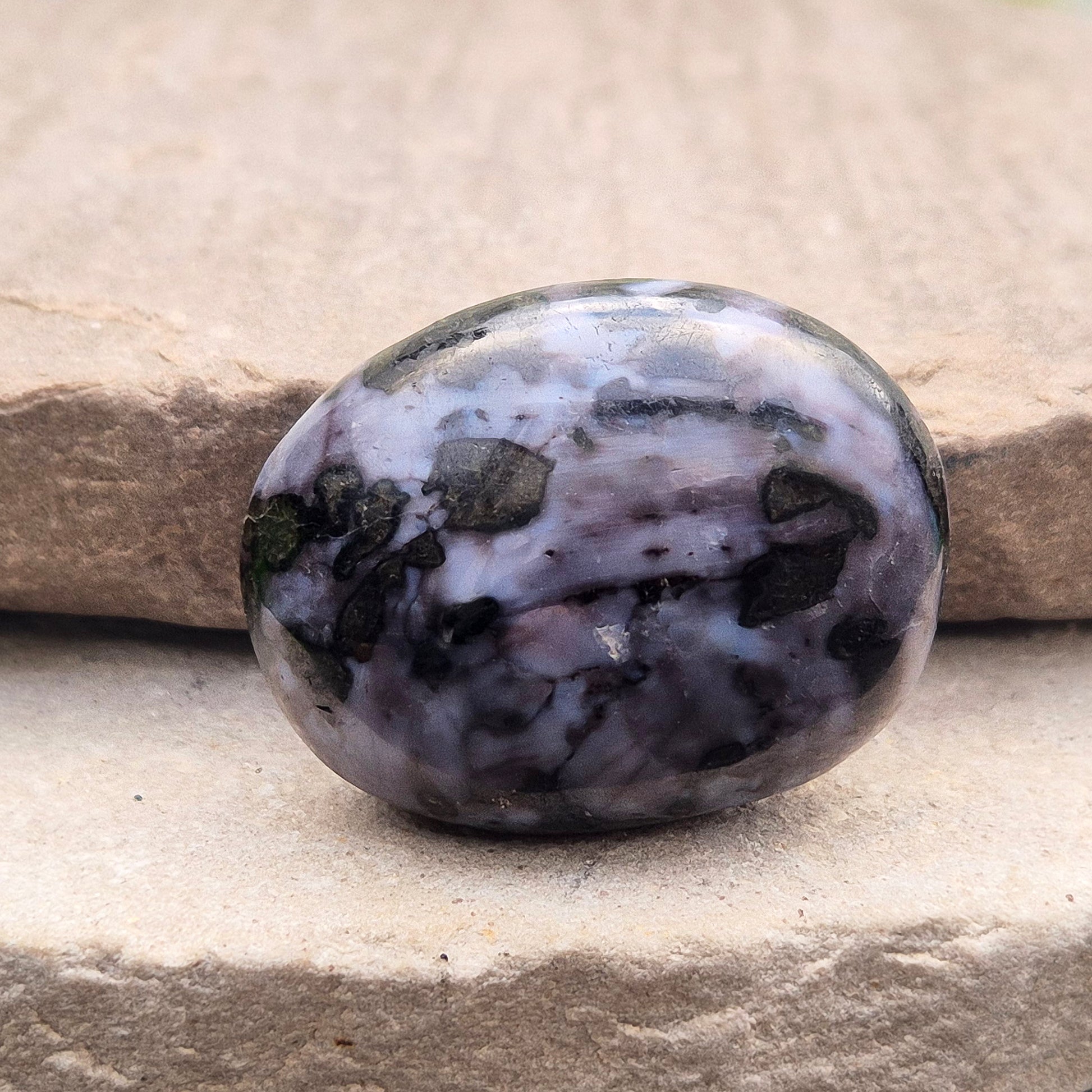 Mystic Merlinite (indigo gabbro) palm stone for energy work, intuition & emotional healing. Ideal for meditation, grounding & spiritual growth.