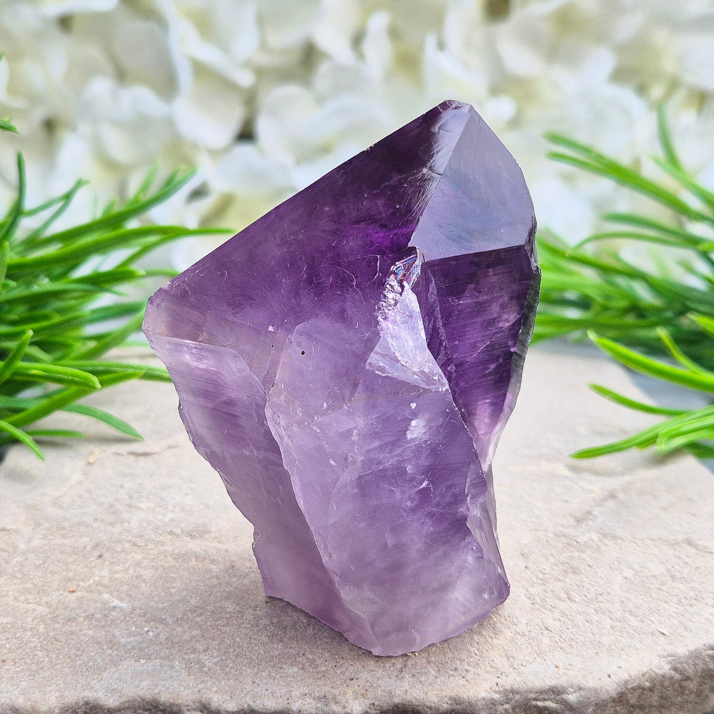Brazilian Amethyst standing point with natural sides and polished tip. A popular calming crystal for stress relief and quiet reflection spaces.