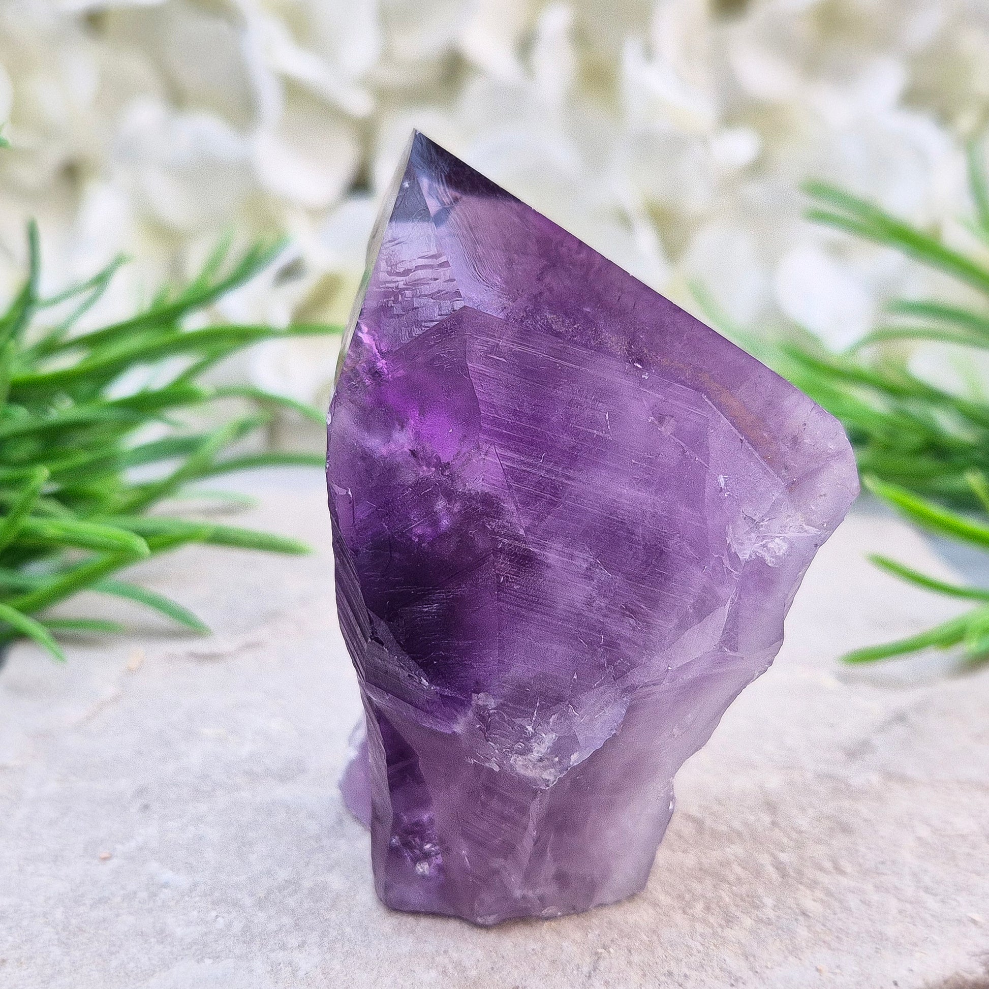 Brazilian Amethyst standing point with natural sides and polished tip. A popular calming crystal for stress relief and quiet reflection spaces.