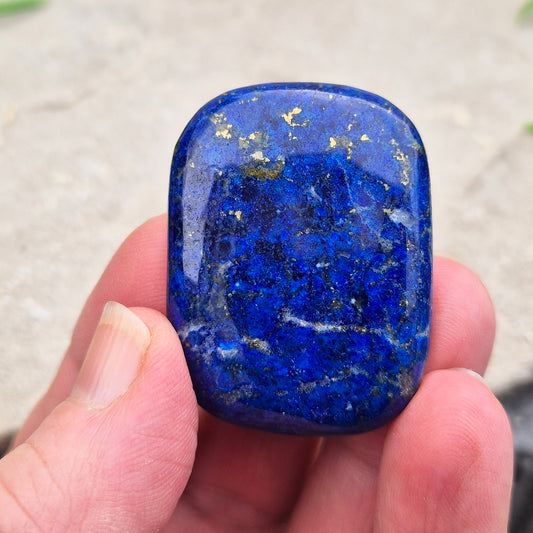 Lapis Lazuli rectangle palm stone for clear communication and confidence. A smooth blue crystal linked to the throat and third eye chakras. 