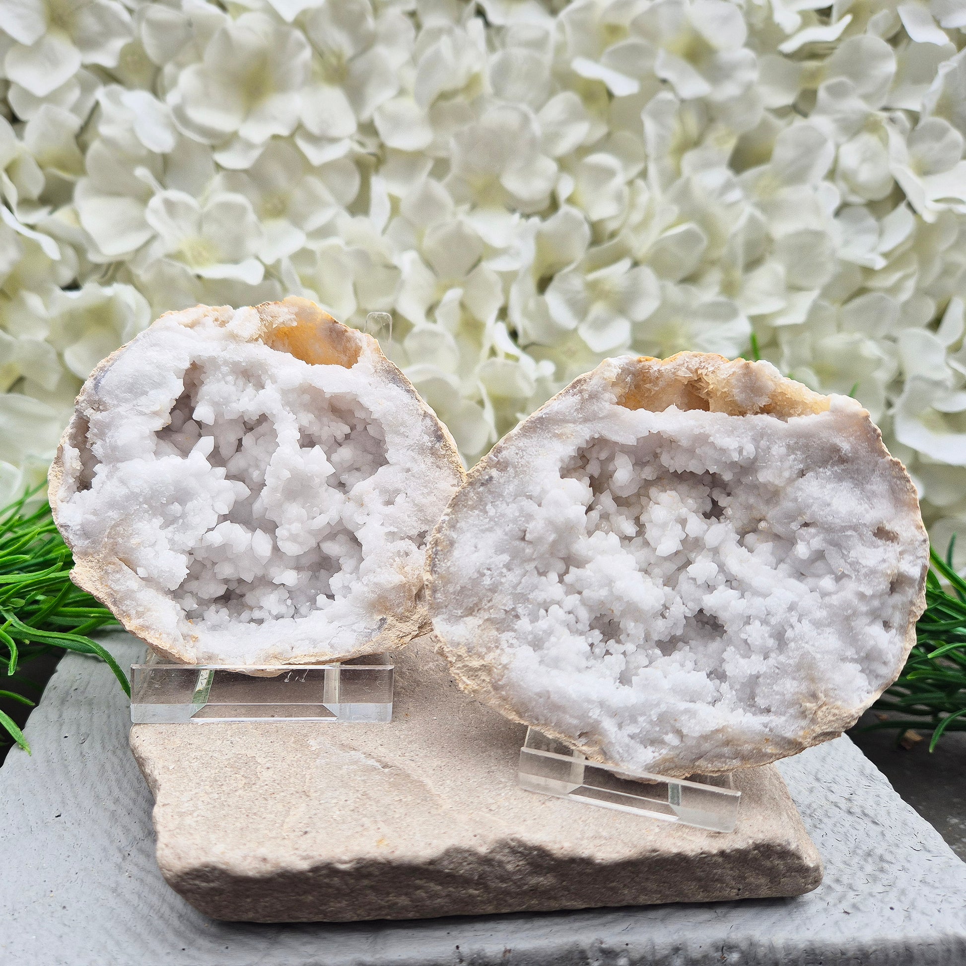 Quartz geode pair that brings a soothing, balanced atmosphere to any room. A lovely choice for home styling, meditation, and crystal lovers.