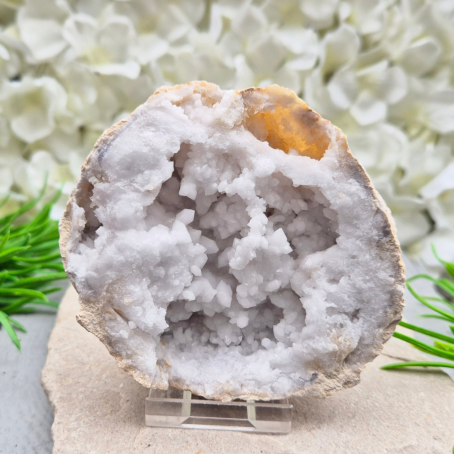 Quartz geode pair that brings a soothing, balanced atmosphere to any room. A lovely choice for home styling, meditation, and crystal lovers.