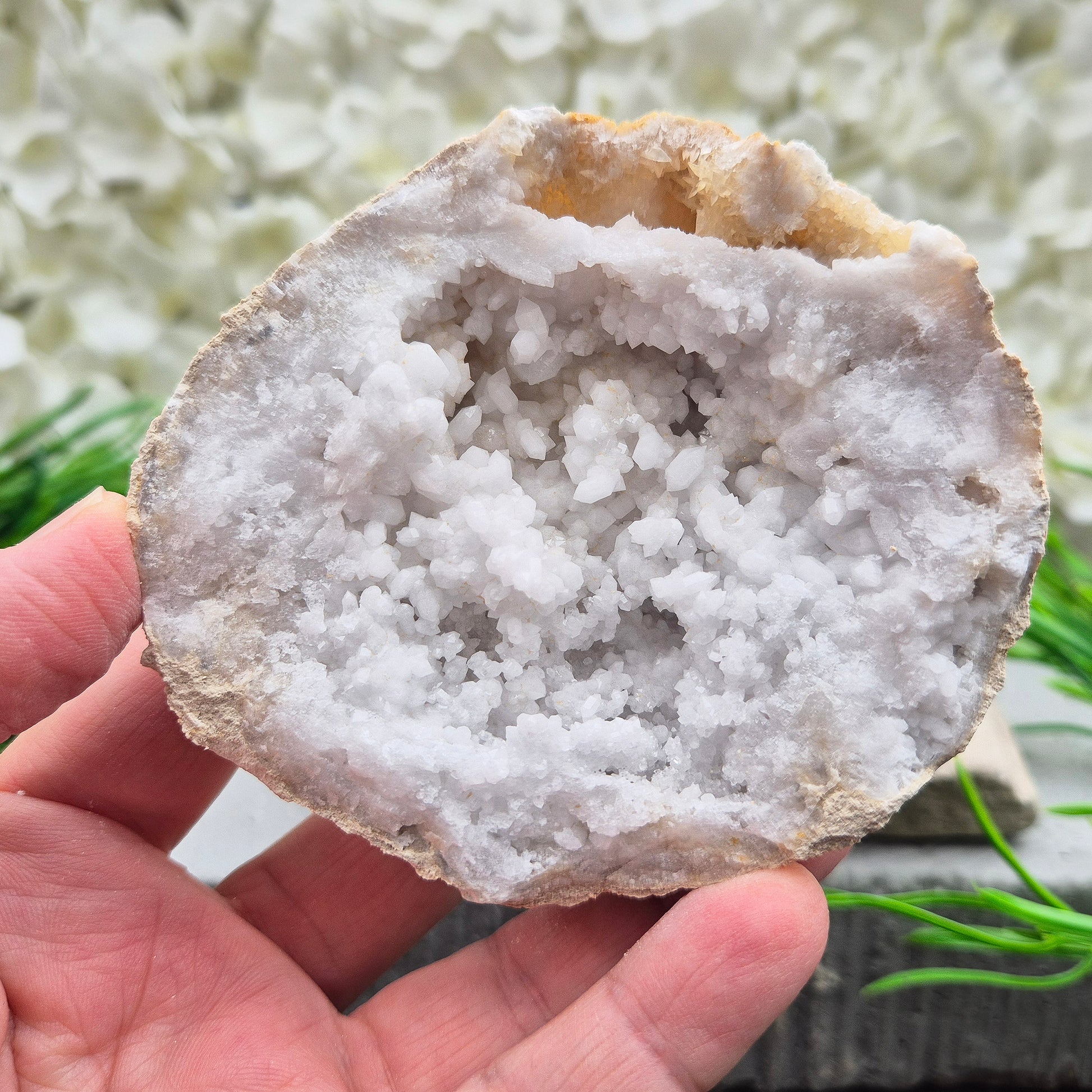 Quartz geode pair that brings a soothing, balanced atmosphere to any room. A lovely choice for home styling, meditation, and crystal lovers.