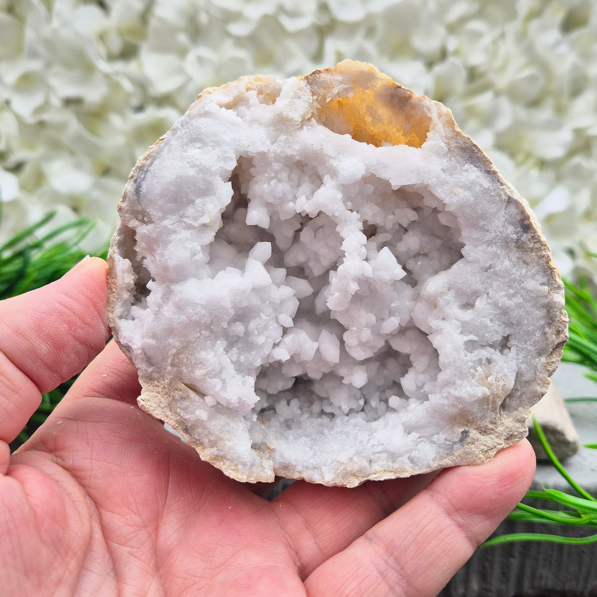 Quartz geode pair that brings a soothing, balanced atmosphere to any room. A lovely choice for home styling, meditation, and crystal lovers.