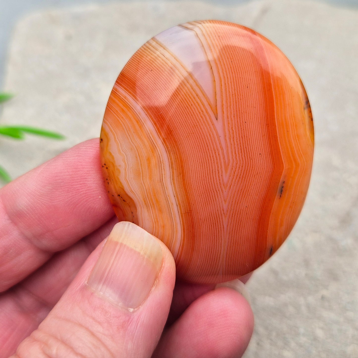 Banded Carnelian palm stone from Madagascar. Boosts motivation, confidence and creativity. Grounding Root and Sacral crystal for energy and focus. 