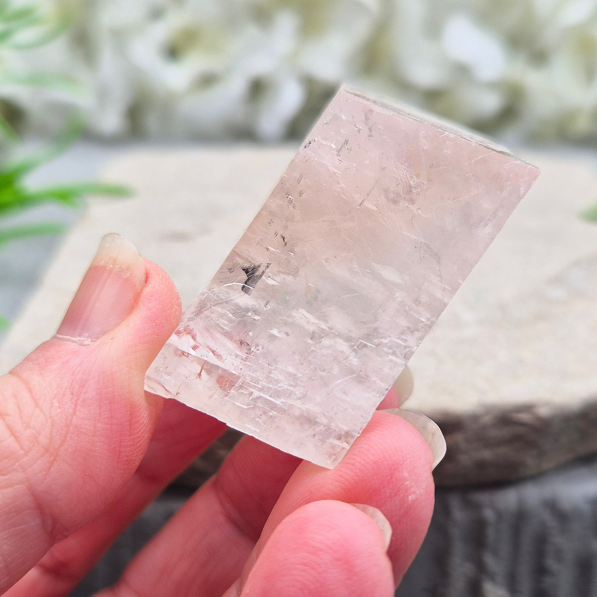 Pale pink watermelon calcite, no green hues, from Mexico. Ideal for heart chakra support, emotional calm, and gentle self-care with nurturing energy.