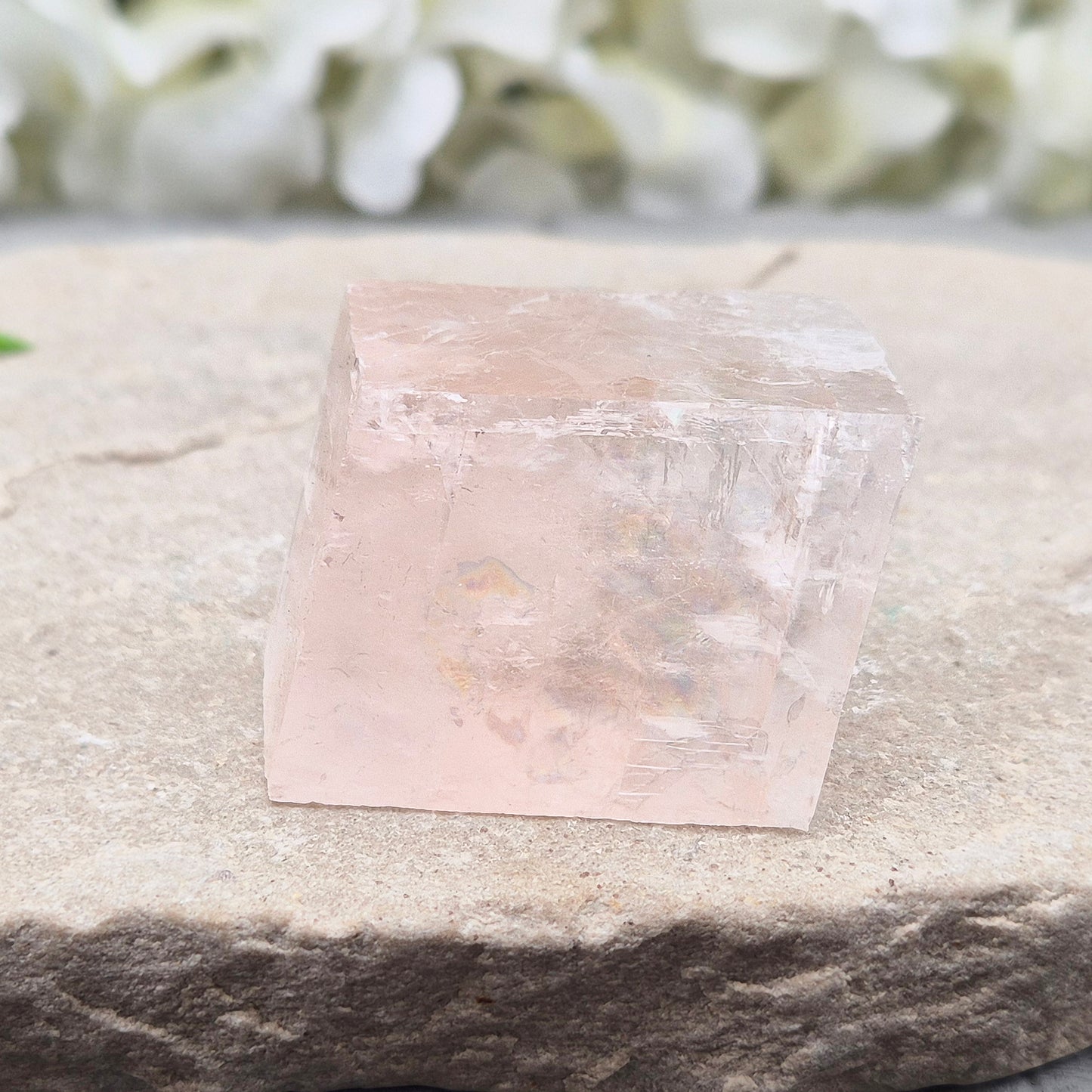 Pale pink watermelon calcite, no green hues, from Mexico. Ideal for heart chakra support, emotional calm, and gentle self-care with nurturing energy.