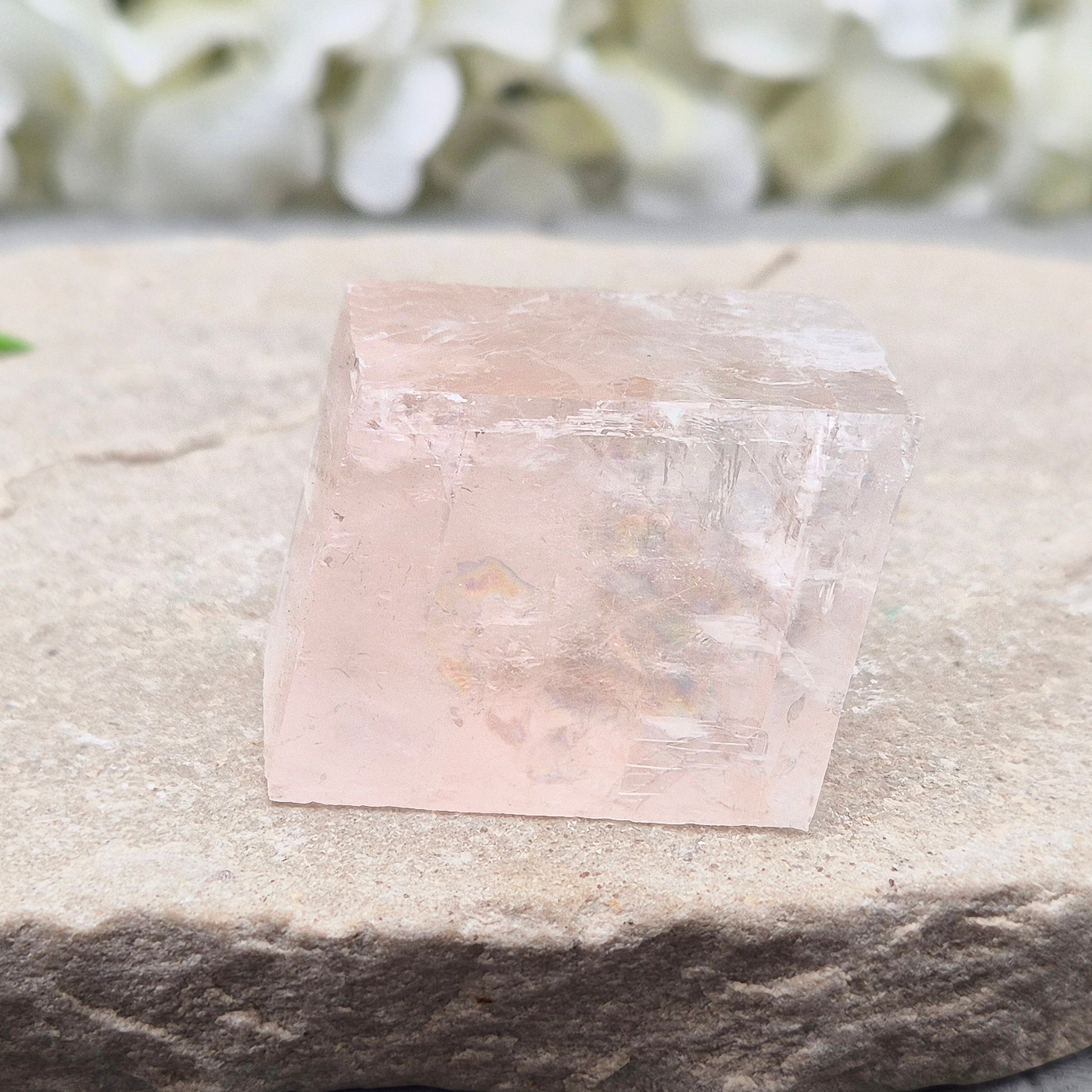 Pale pink watermelon calcite, no green hues, from Mexico. Ideal for heart chakra support, emotional calm, and gentle self-care with nurturing energy.