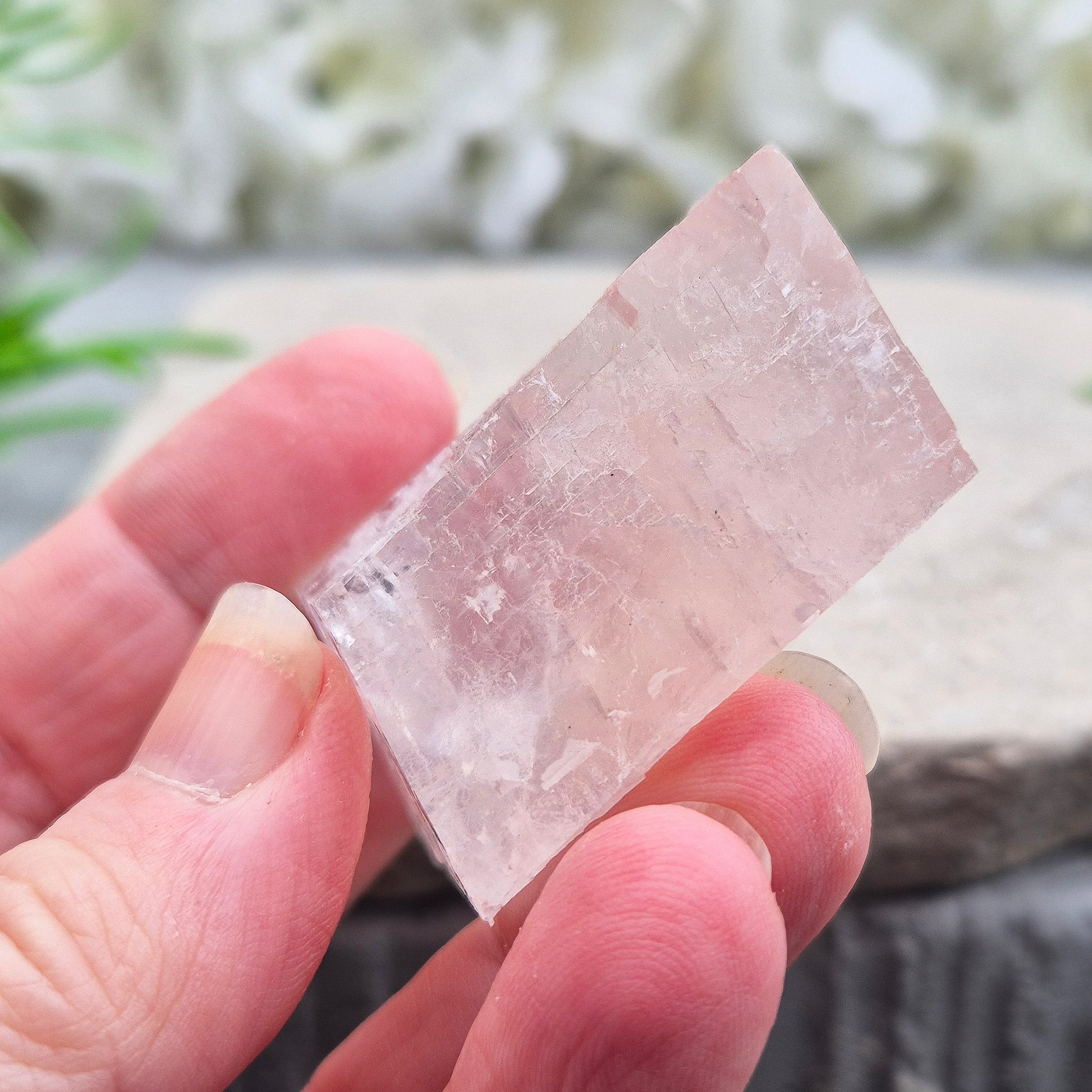 Pale pink watermelon calcite, no green hues, from Mexico. Ideal for heart chakra support, emotional calm, and gentle self-care with nurturing energy.