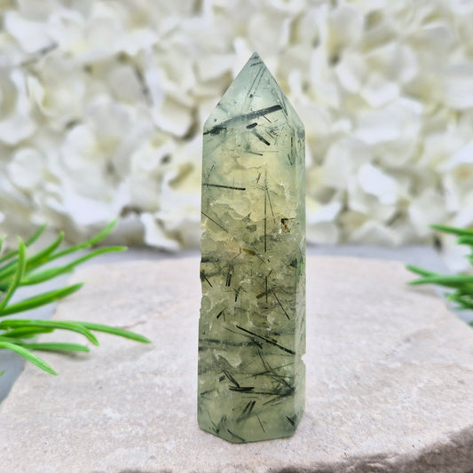 Prehnite with Epidote crystal tower from south africa. A calming heart-centred stone believed to support balance, healing, and positive growth.