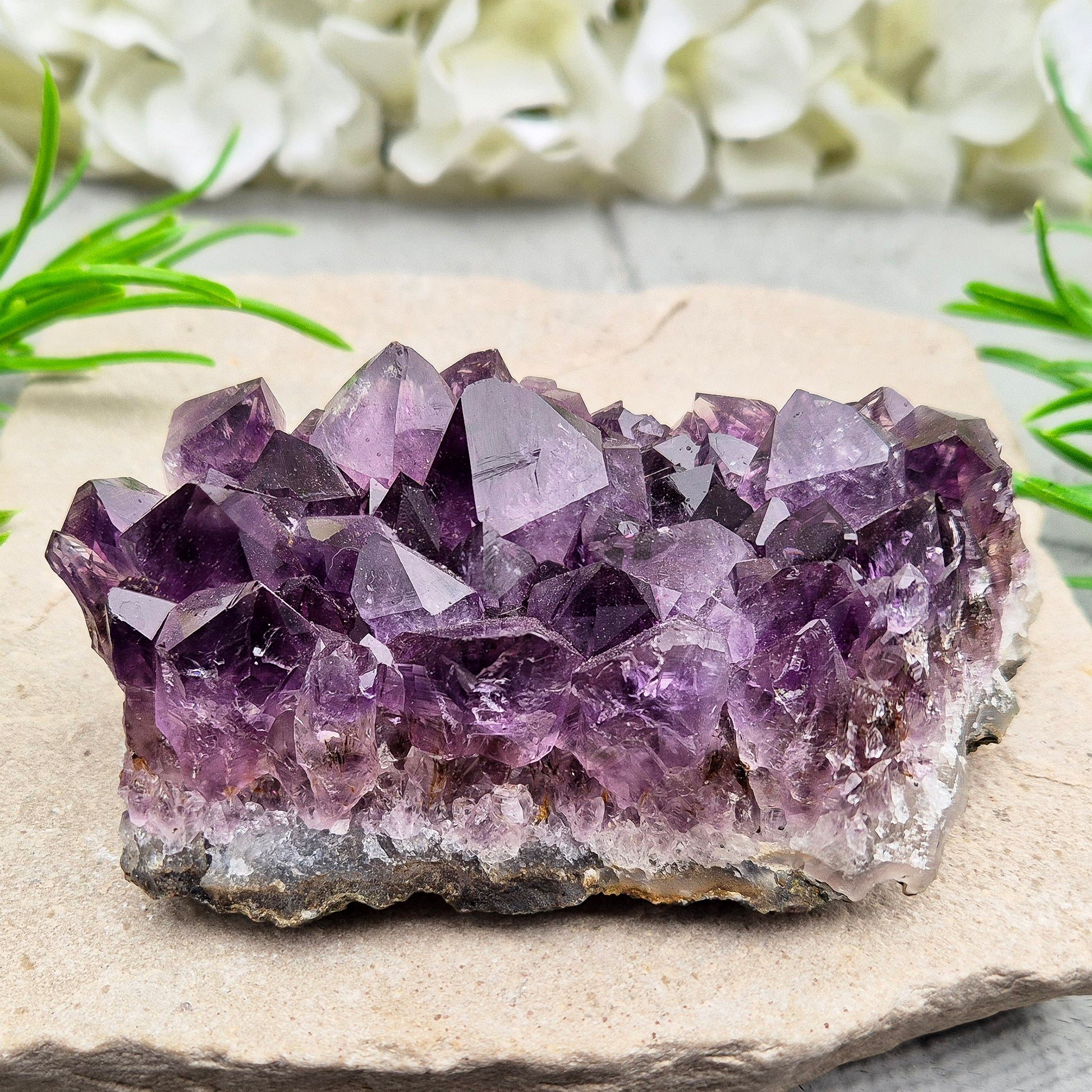 A grade Brazilian Amethyst cluster with deep purple points. A calming crystal for peaceful home spaces, bedrooms, and thoughtful crystal gifts.