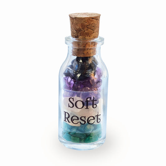 Soft Reset — a calming crystal blend with Amazonite, Amethyst, Snowflake Obsidian and Moonstone. A gentle support gift for stress, overwhelm, and busy minds.