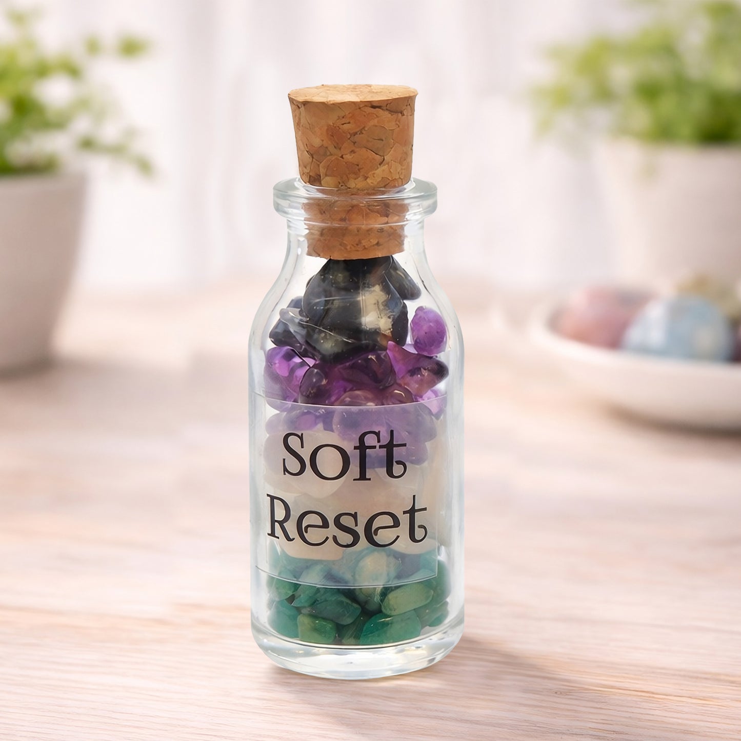 Soft Reset — a calming crystal blend with Amazonite, Amethyst, Snowflake Obsidian and Moonstone. A gentle support gift for stress, overwhelm, and busy minds.