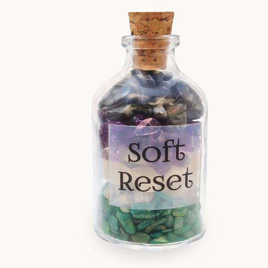 Soft Reset — a calming crystal blend with Amazonite, Amethyst, Snowflake Obsidian and Moonstone. A gentle support gift for stress, overwhelm, and busy minds.