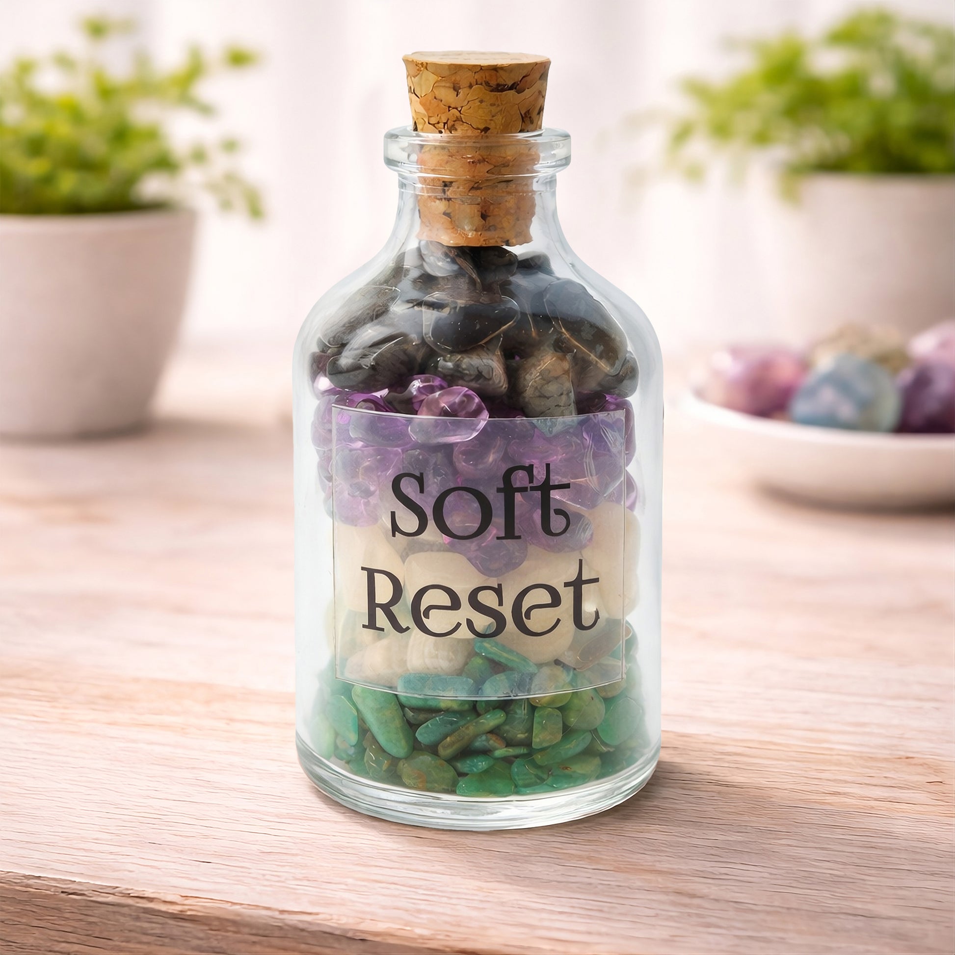 Soft Reset — a calming crystal blend with Amazonite, Amethyst, Snowflake Obsidian and Moonstone. A gentle support gift for stress, overwhelm, and busy minds.