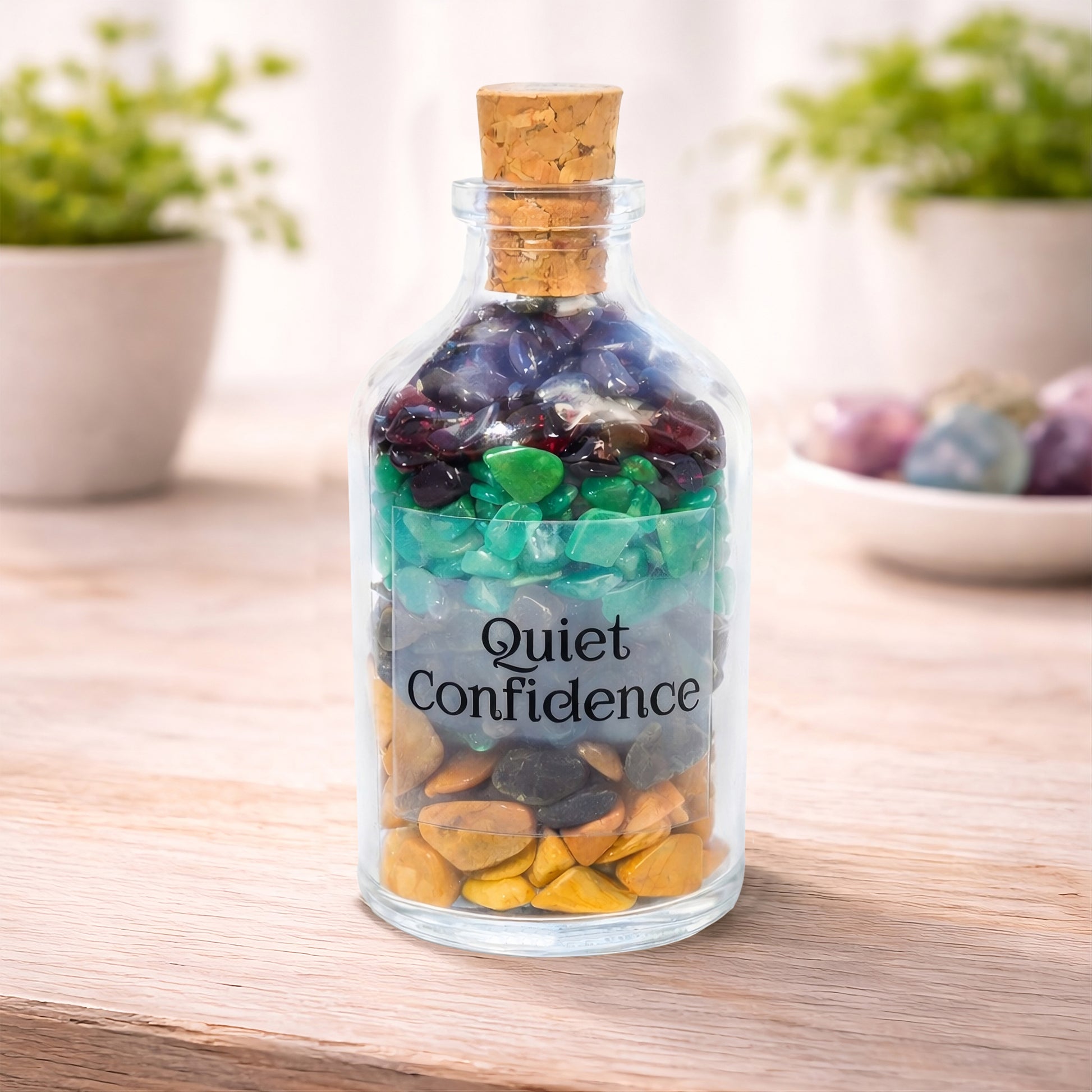 Quiet Confidence crystal blend bottle with garnet, jasper, amazonite and labradorite. A grounding decorative piece for calm self-assurance and composed communication.