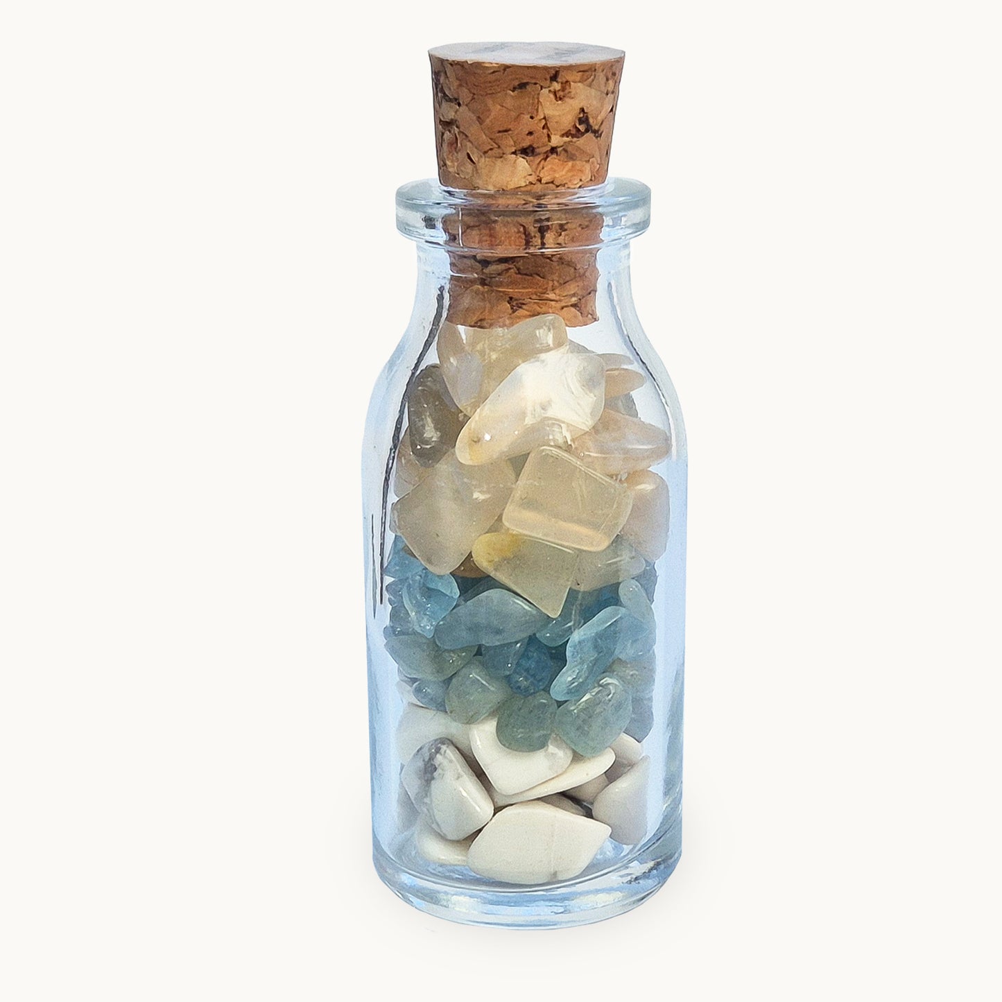 NVM Never Mind crystal blend bottle with howlite, aquamarine and moonstone. A decorative grounding piece for letting go, emotional reset and calm detachment.