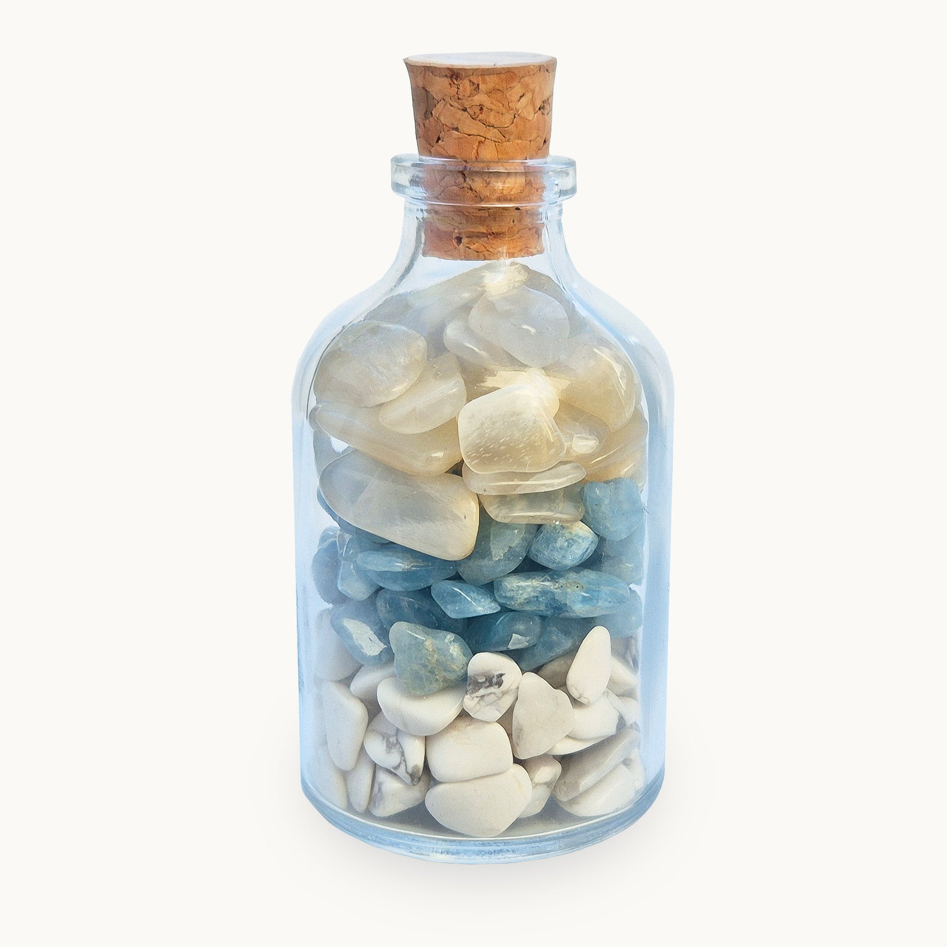 NVM Never Mind crystal blend bottle with howlite, aquamarine and moonstone. A decorative grounding piece for letting go, emotional reset and calm detachment.