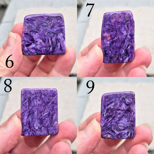 Natural polished Charoite slice from Russia with rich purple swirling patterns. A striking crystal associated with transformation, emotional strength, and personal growth.