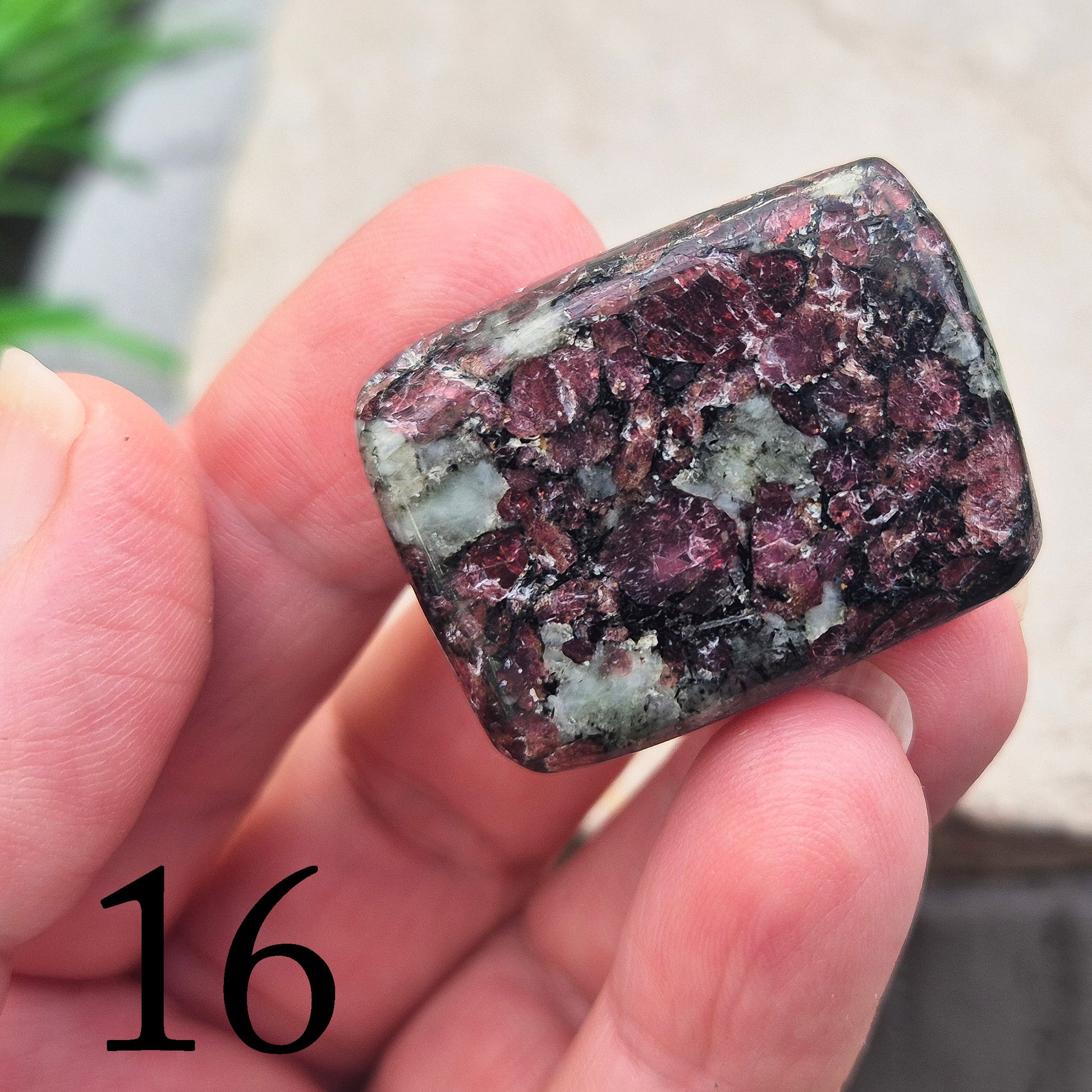 Polished Eudialyte flat stone from Greenland with rich red and pink tones. Associated with emotional steadiness, heart support, and grounded change.