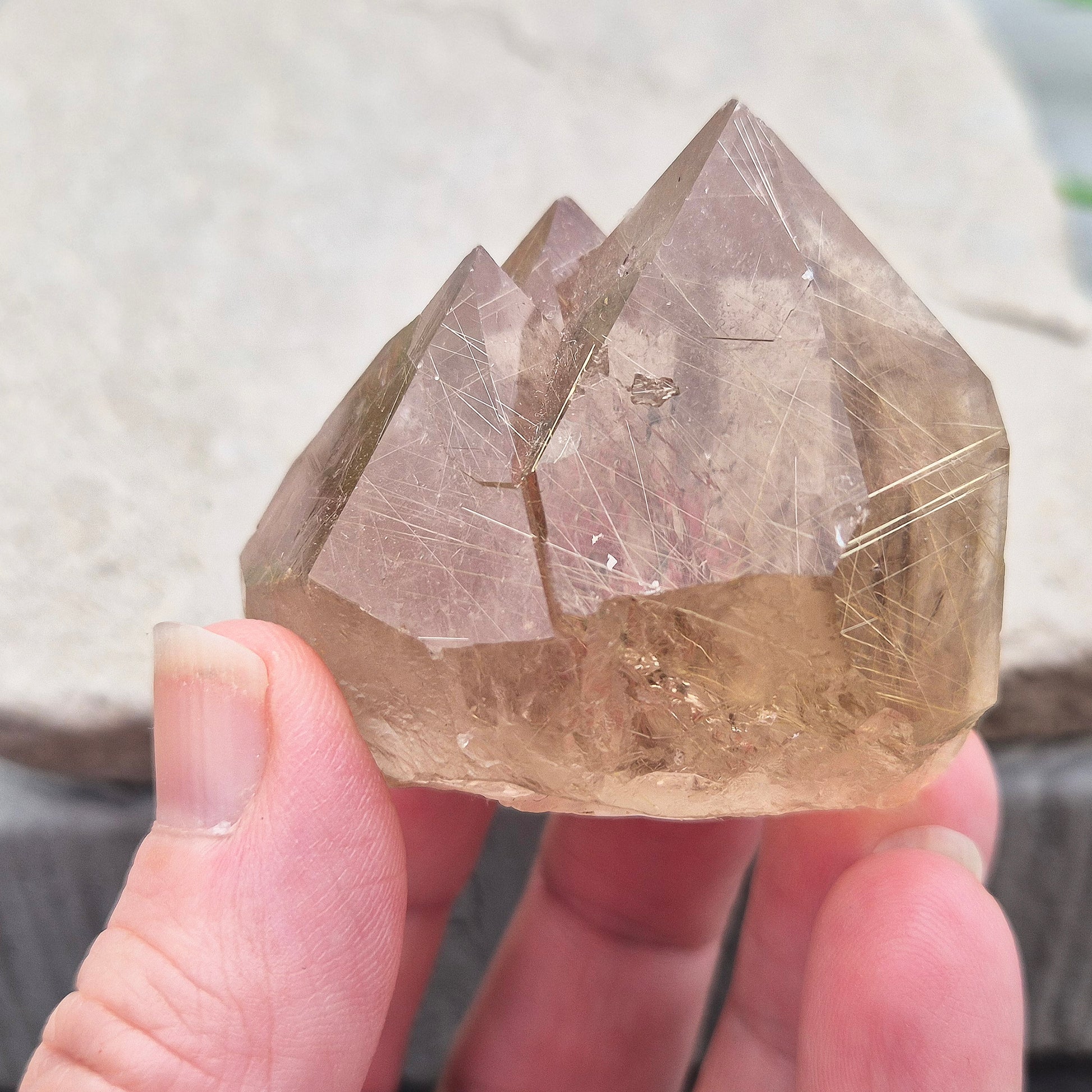 Golden Rutilated Quartz multi-point crystal from Brazil featuring fine golden rutile needles. A striking natural specimen associated with focus, motivation, and fresh ideas.