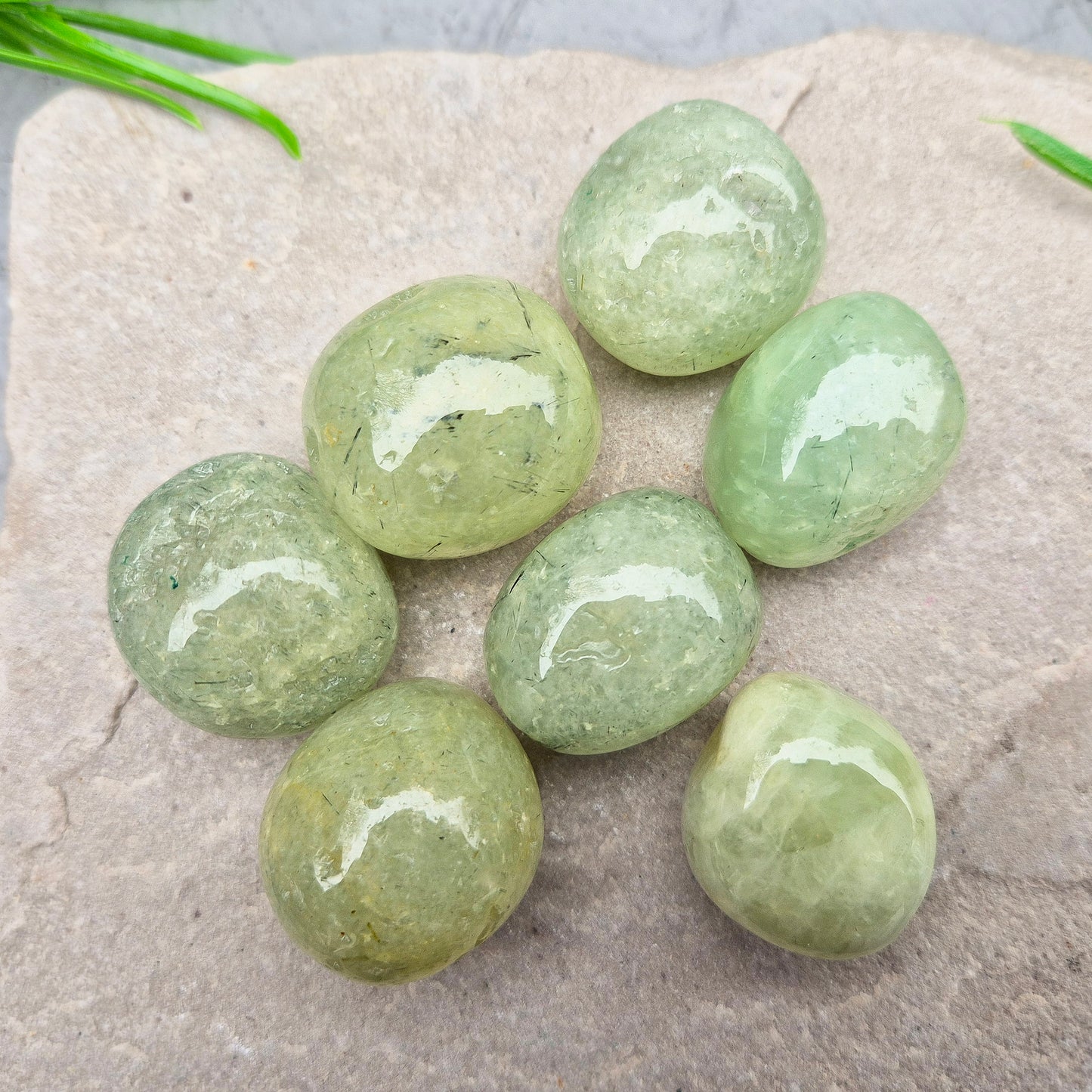 light green Prehnite XL tumblestone from Mali. Soft, calming crystal with gentle energy. Ideal for emotional balance, self-trust, and peaceful spaces.