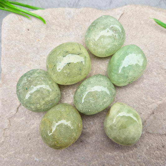 light green Prehnite XL tumblestone from Mali. Soft, calming crystal with gentle energy. Ideal for emotional balance, self-trust, and peaceful spaces.