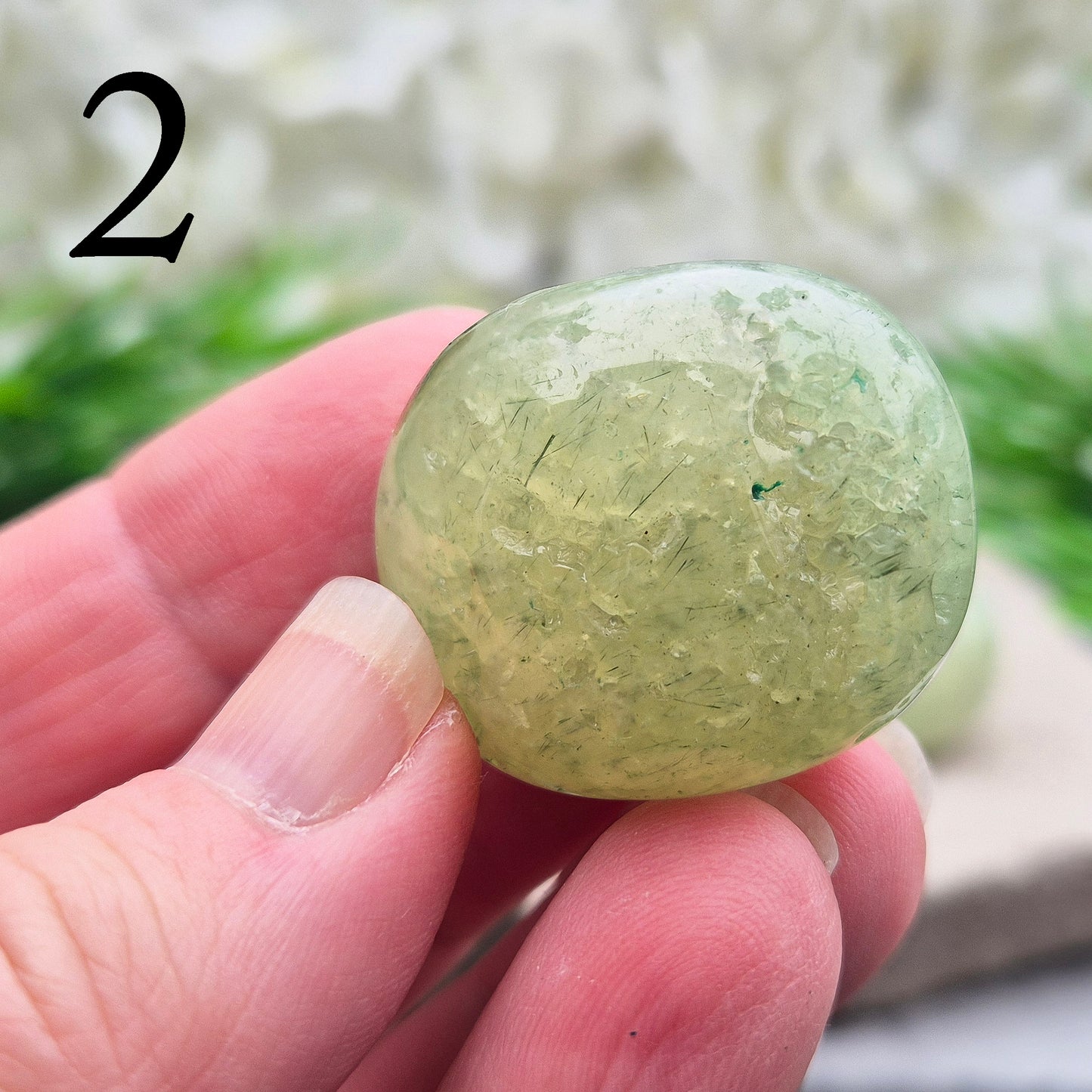 light green Prehnite XL tumblestone from Mali. Soft, calming crystal with gentle energy. Ideal for emotional balance, self-trust, and peaceful spaces.