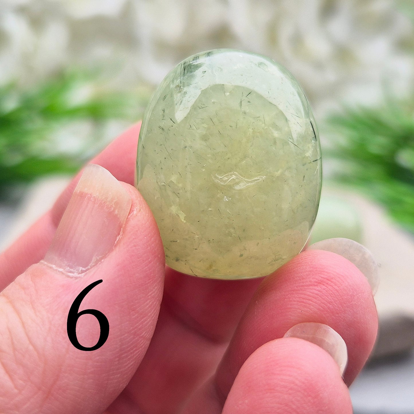 light green Prehnite XL tumblestone from Mali. Soft, calming crystal with gentle energy. Ideal for emotional balance, self-trust, and peaceful spaces.