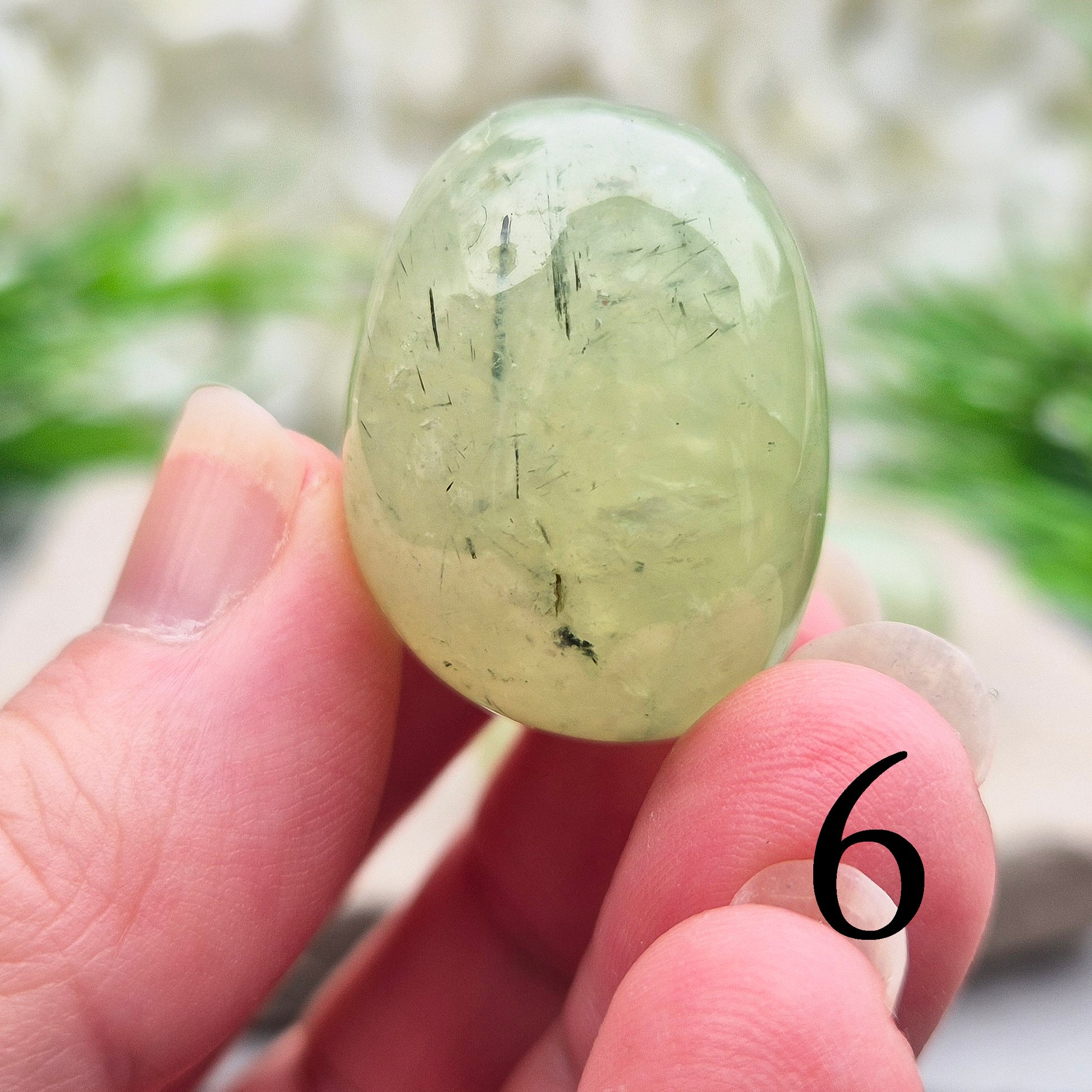 light green Prehnite XL tumblestone from Mali. Soft, calming crystal with gentle energy. Ideal for emotional balance, self-trust, and peaceful spaces.