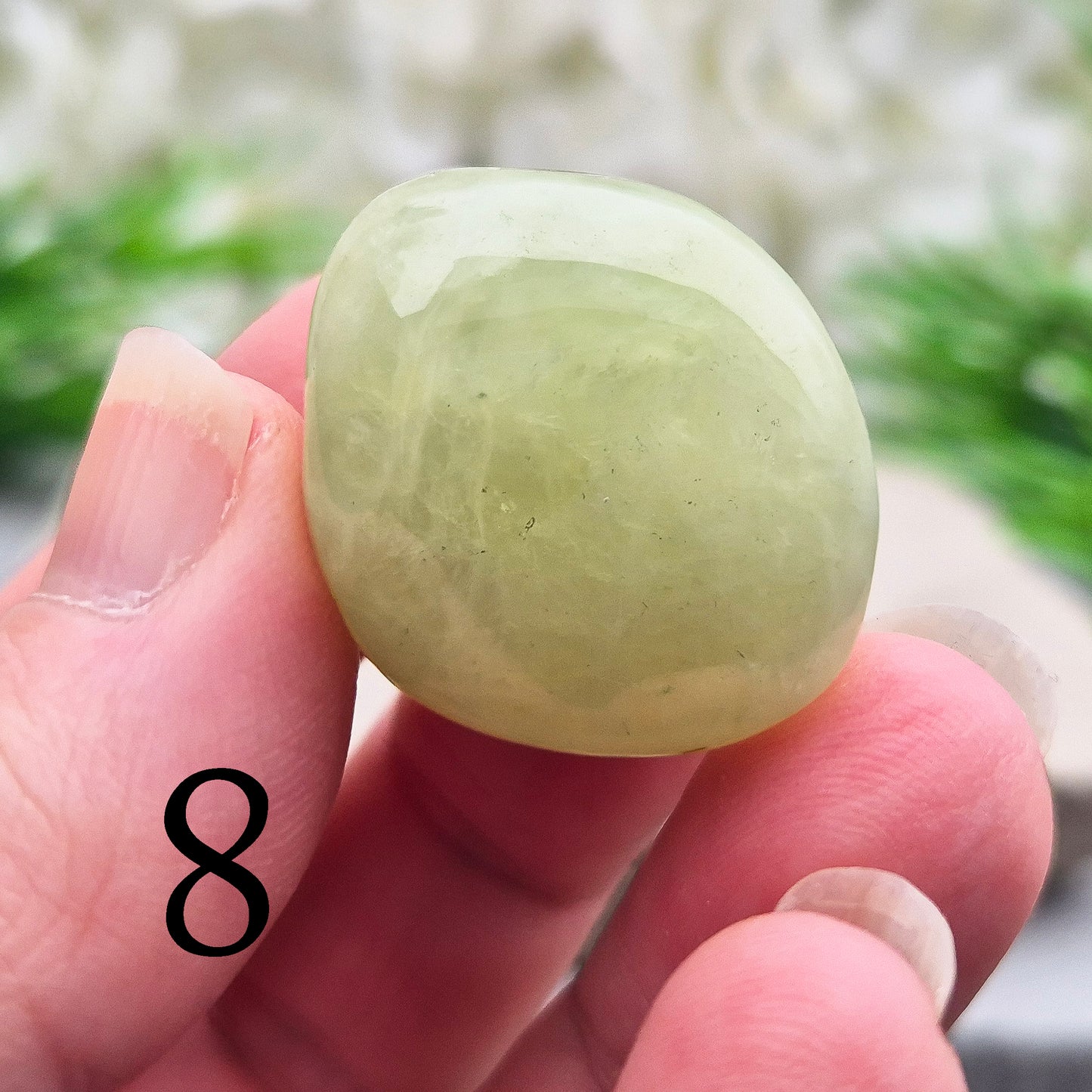 light green Prehnite XL tumblestone from Mali. Soft, calming crystal with gentle energy. Ideal for emotional balance, self-trust, and peaceful spaces.