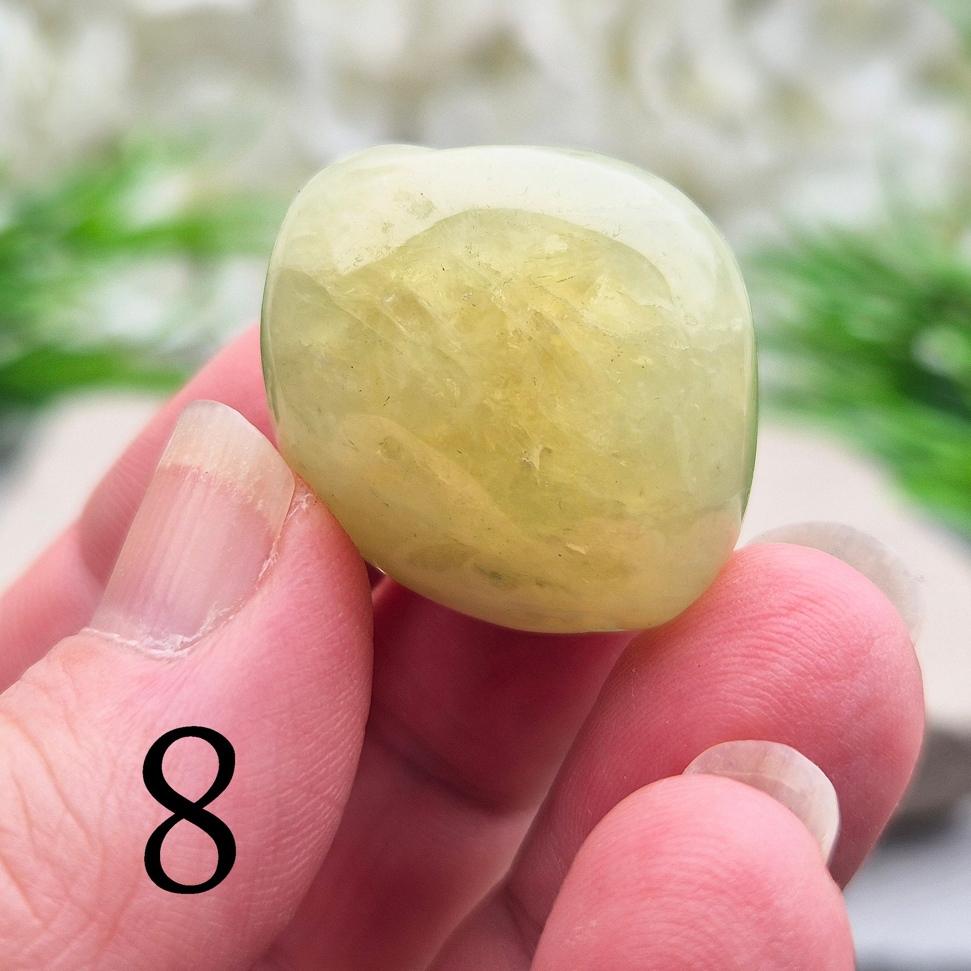 light green Prehnite XL tumblestone from Mali. Soft, calming crystal with gentle energy. Ideal for emotional balance, self-trust, and peaceful spaces.