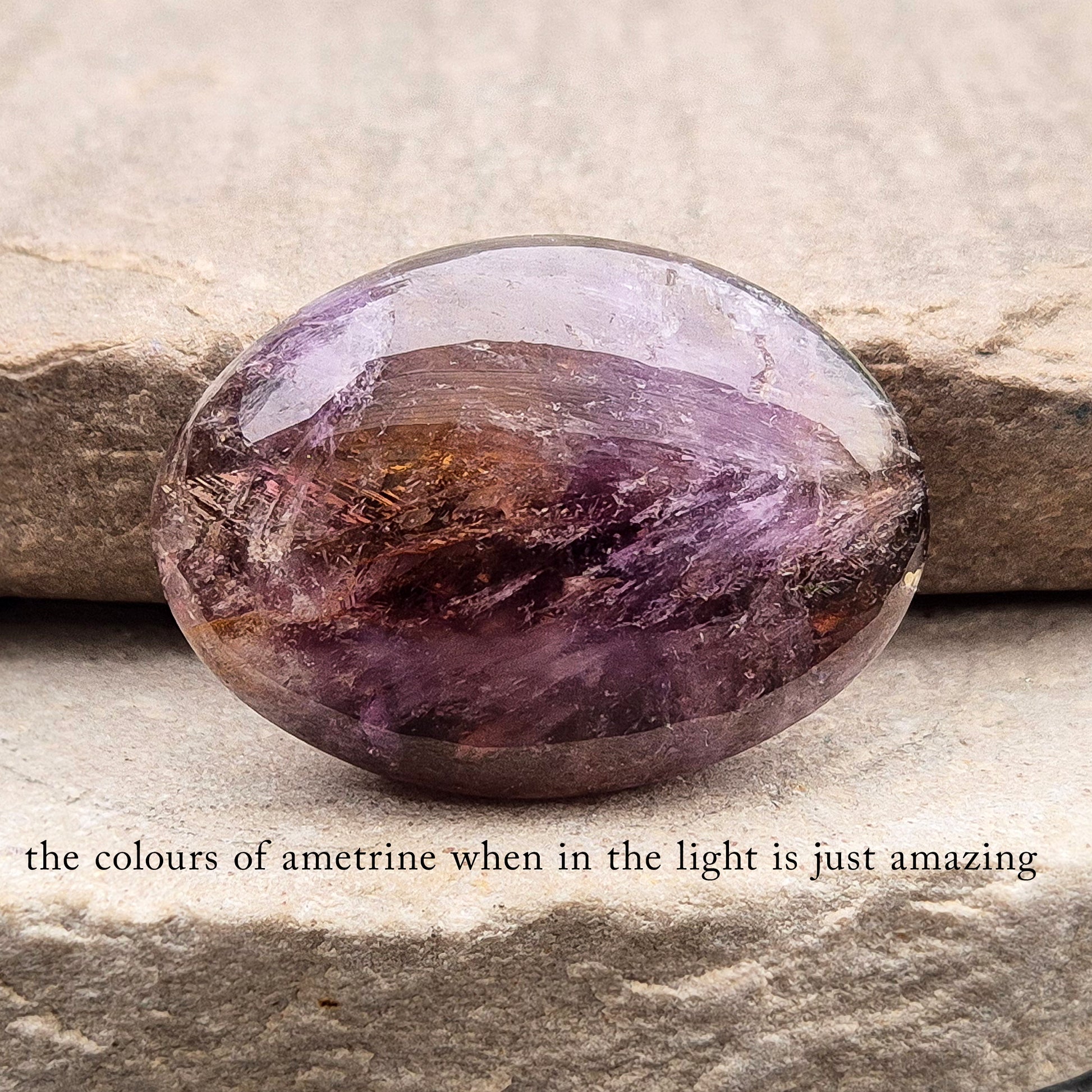 Natural Ametrine palm stone with subtle colour mix and organic inclusions. A smooth, easy-to-hold crystal for focus, balance, and direction.